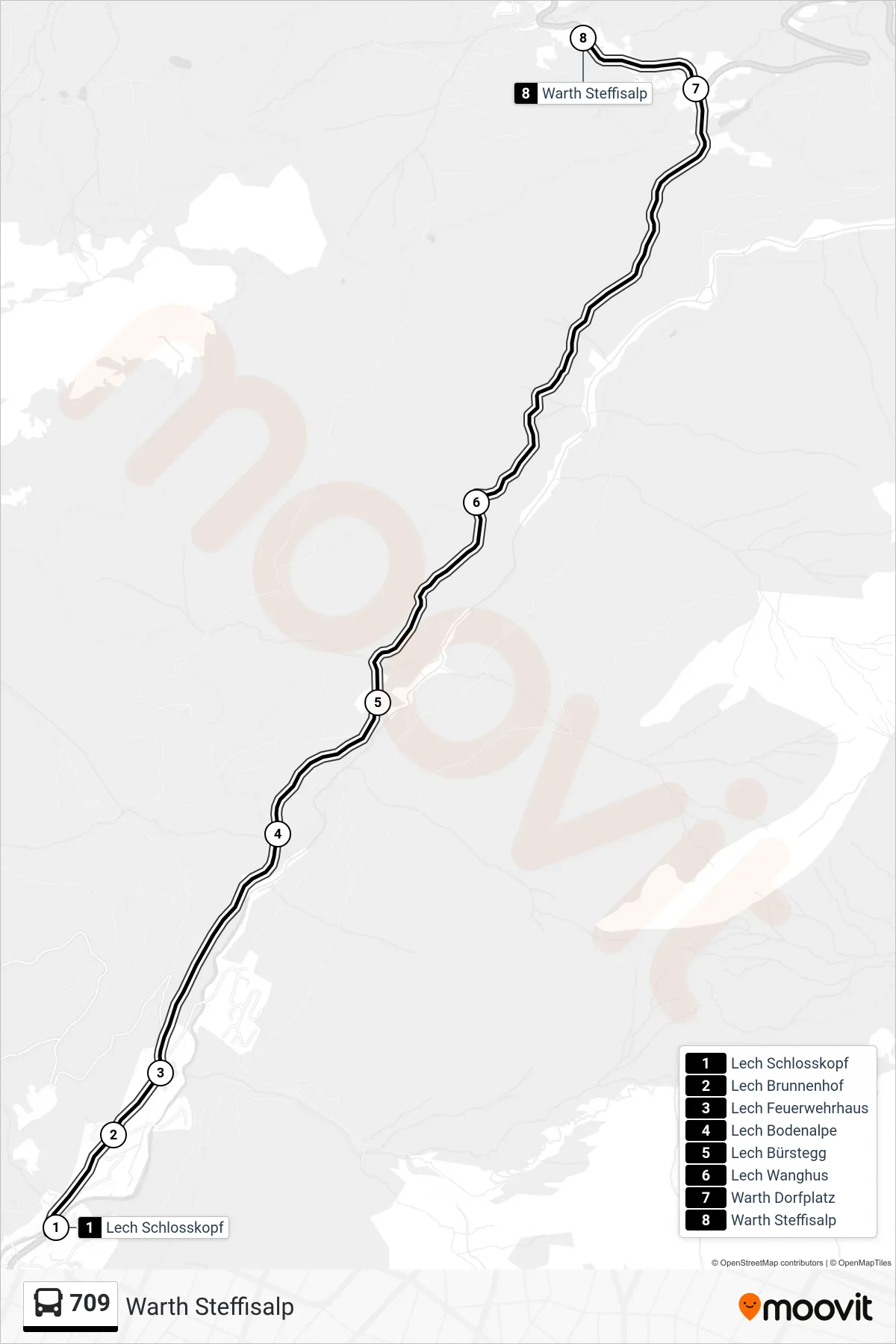 Linie 709 (Bus) Richtung Warth Steffisalp: Route und Haltestellen auf der Karte