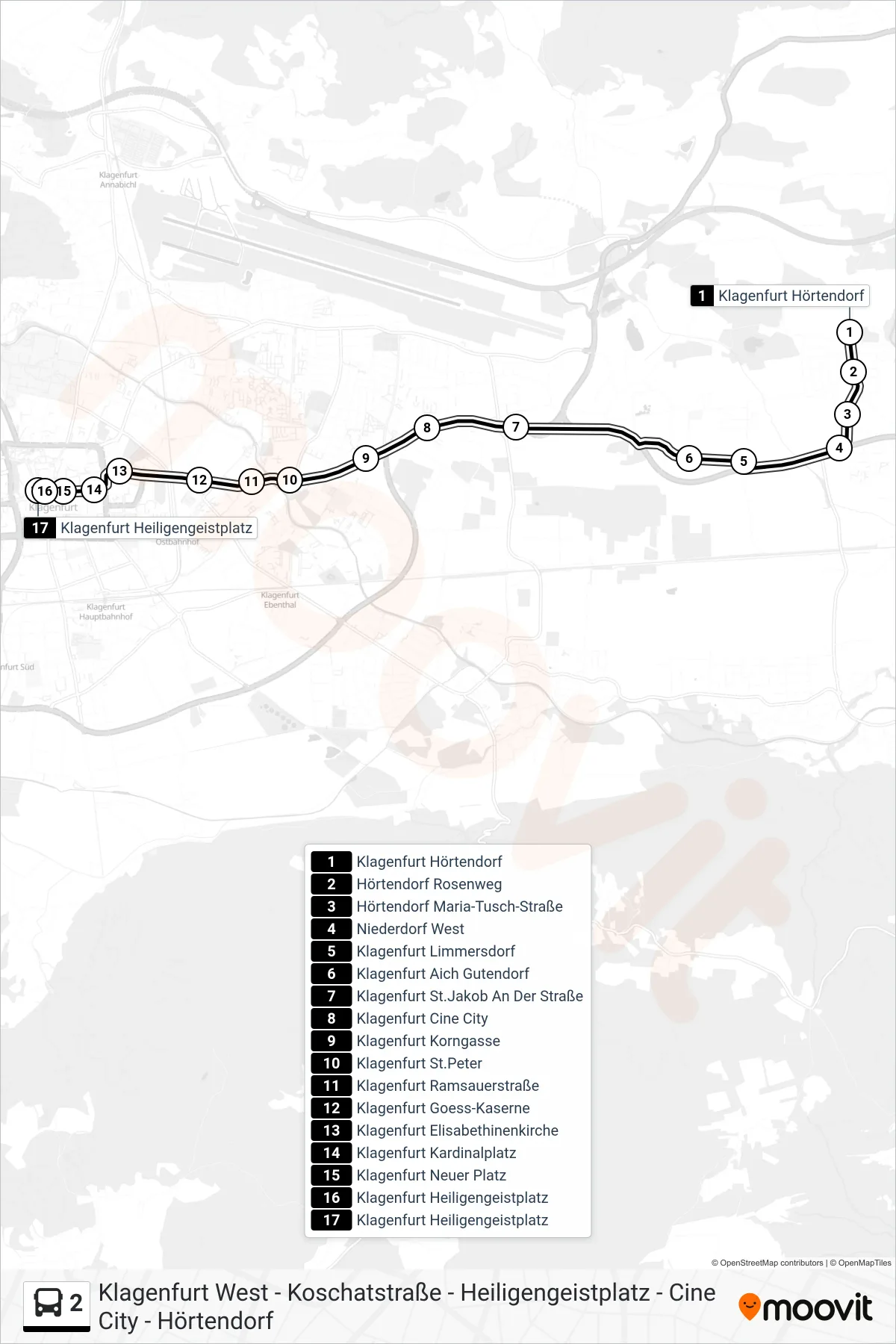 2 bus Line (Heiligengeistplatz) route and stops on a map