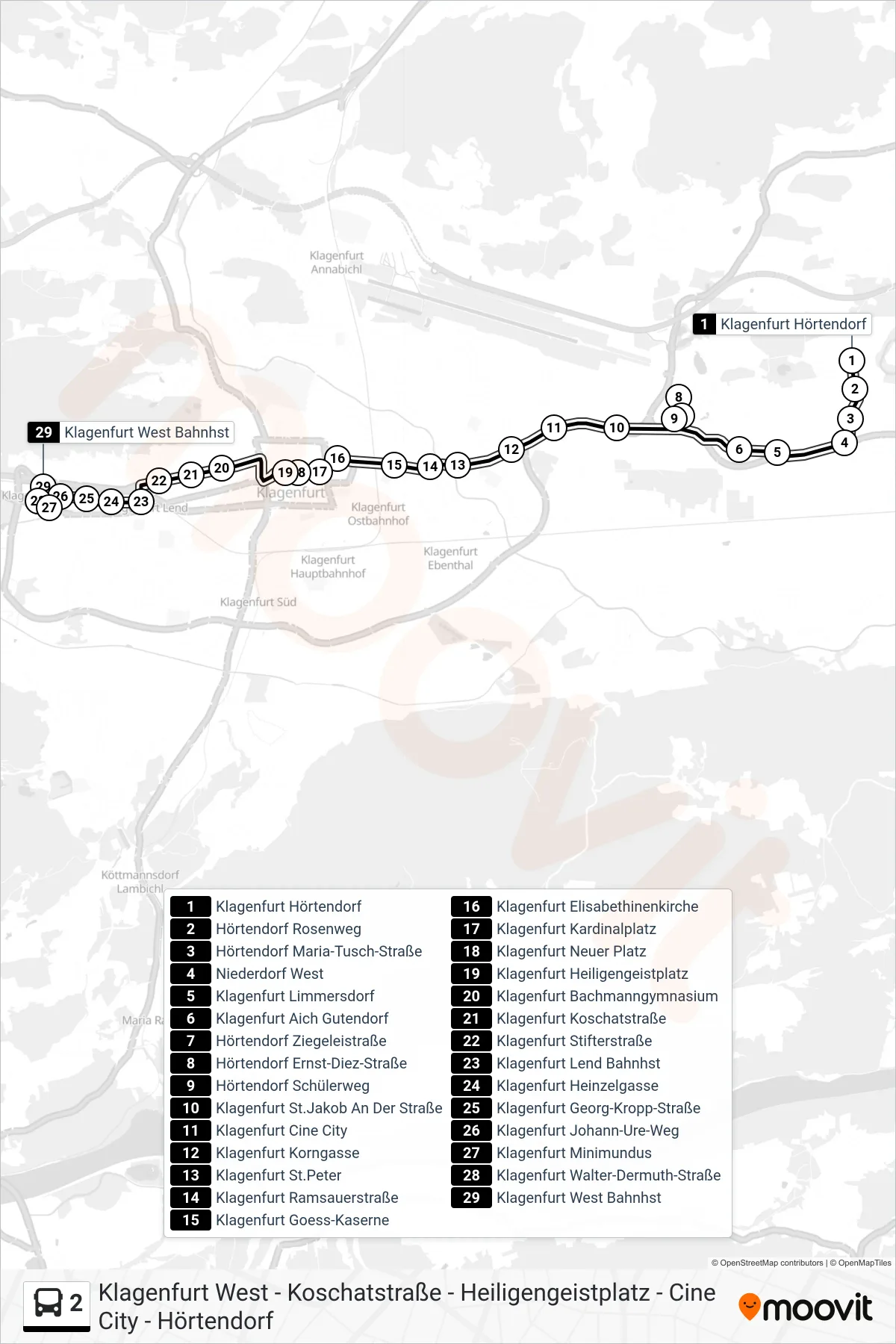 2 bus Line (Klagenfurt West) route and stops on a map