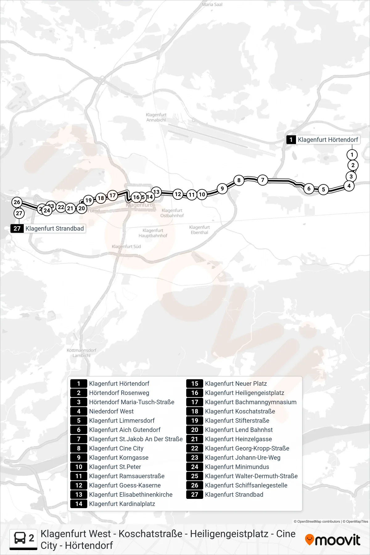 2 bus Line (Strandbad) route and stops on a map