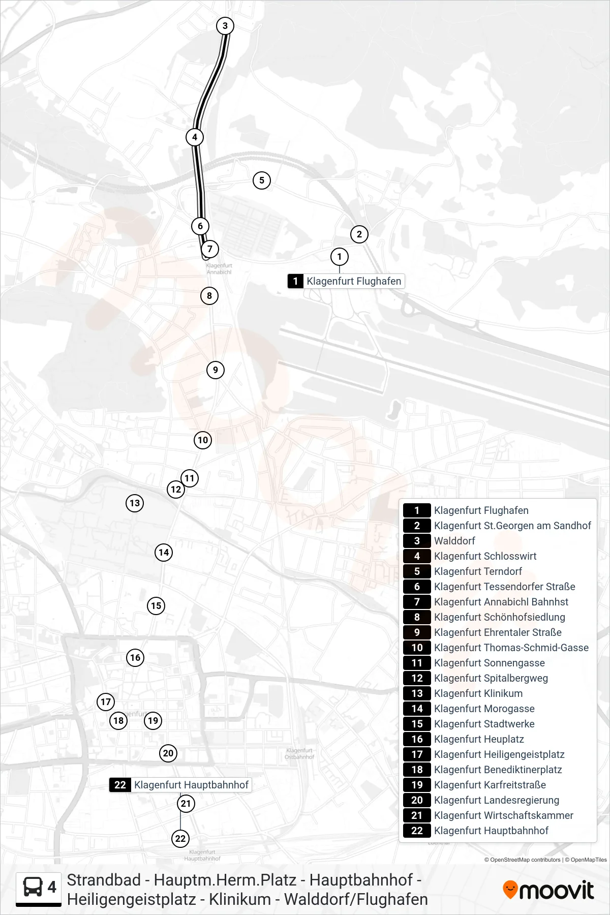 4 bus Line (Hauptbahnhof) route and stops on a map