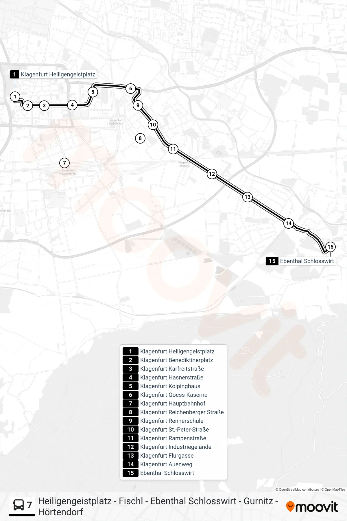 7 bus Line (Ebenthal Schlosswirt) route and stops on a map
