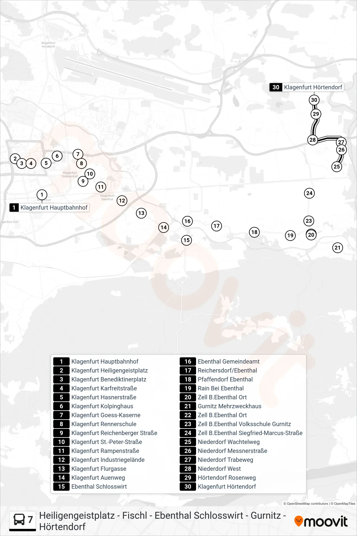 7 bus Line (Hörtendorf) route and stops on a map