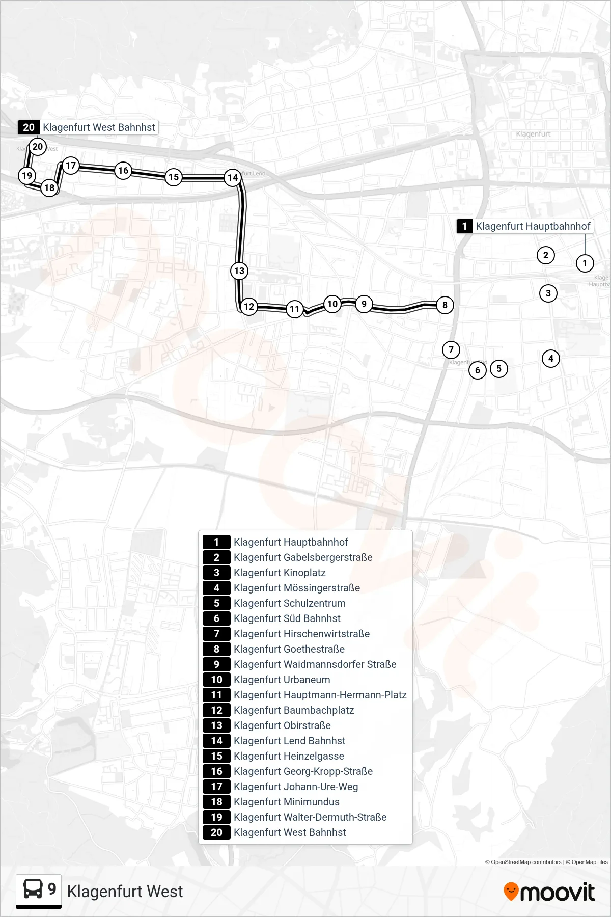 Linie 9 (Bus) Richtung Klagenfurt West: Route und Haltestellen auf der Karte