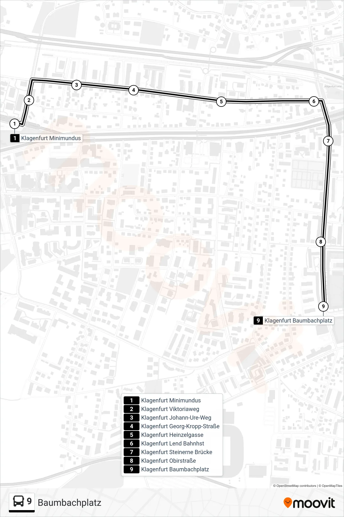 9 bus Line (Baumbachplatz) route and stops on a map