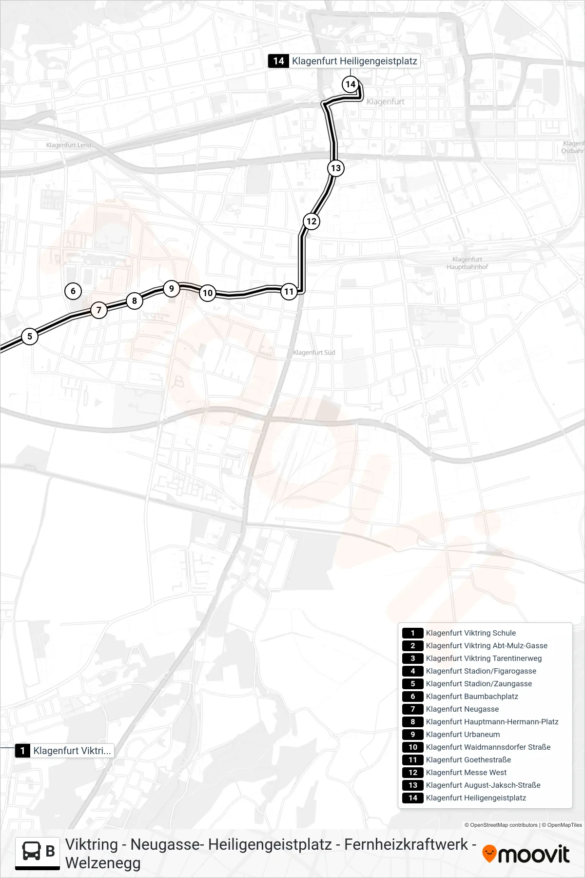Linie B (Bus) Richtung Heiligengeistplatz: Route und Haltestellen auf der Karte