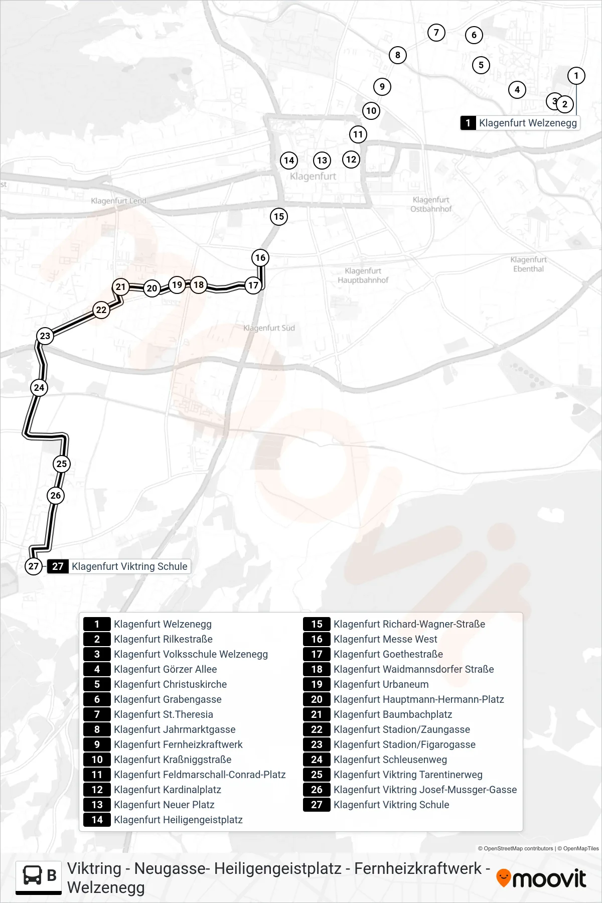 B bus Line (Viktring Schule) route and stops on a map