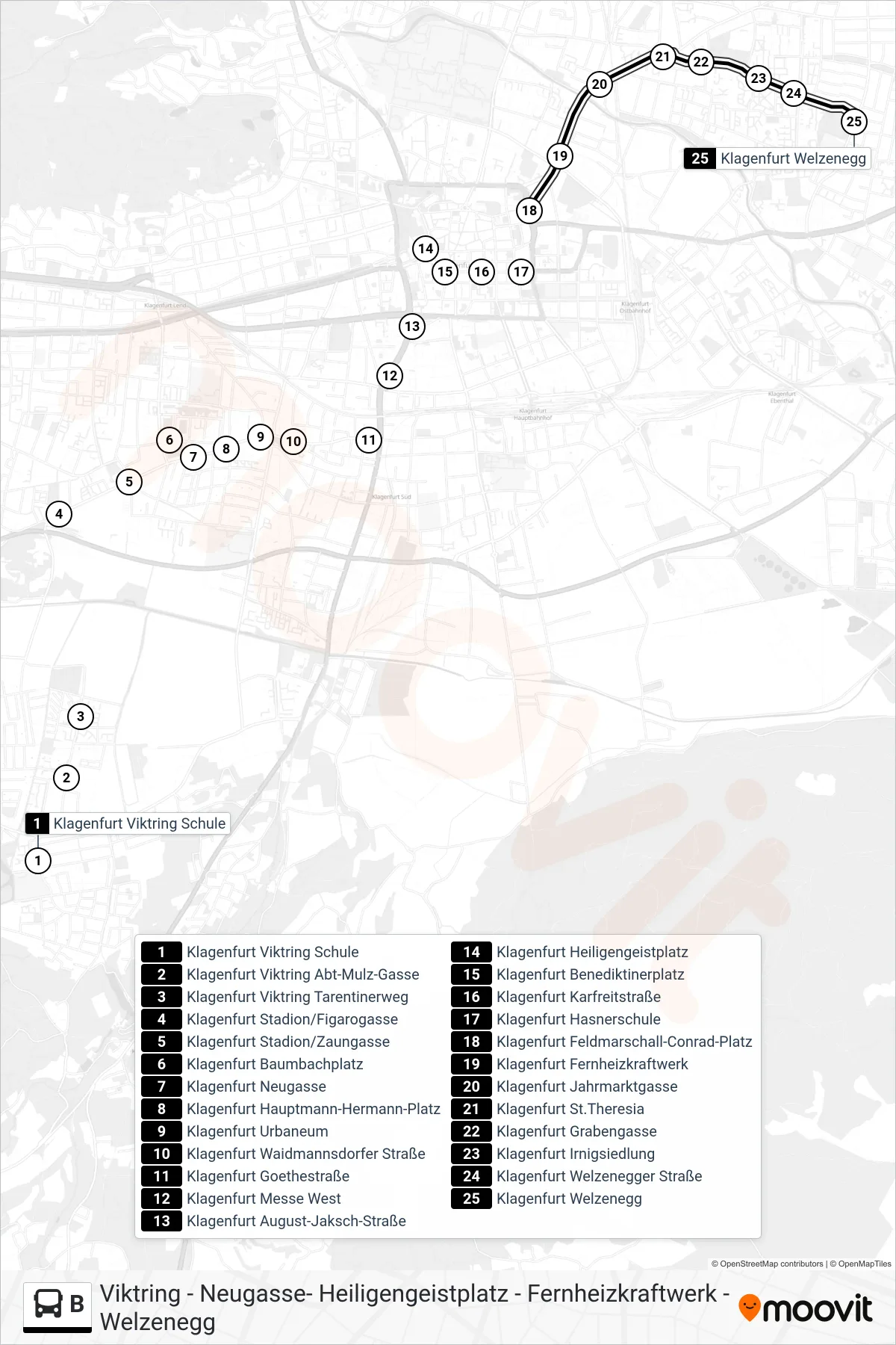 B bus Line (Welzenegg) route and stops on a map