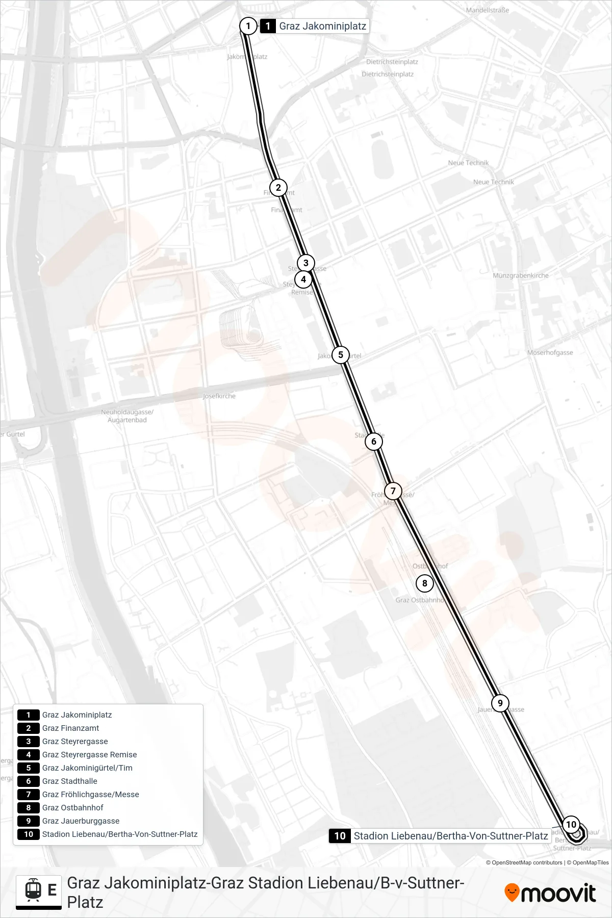 Linie E (Straßenbahn) Richtung Stadion Liebenau: Route und Haltestellen auf der Karte
