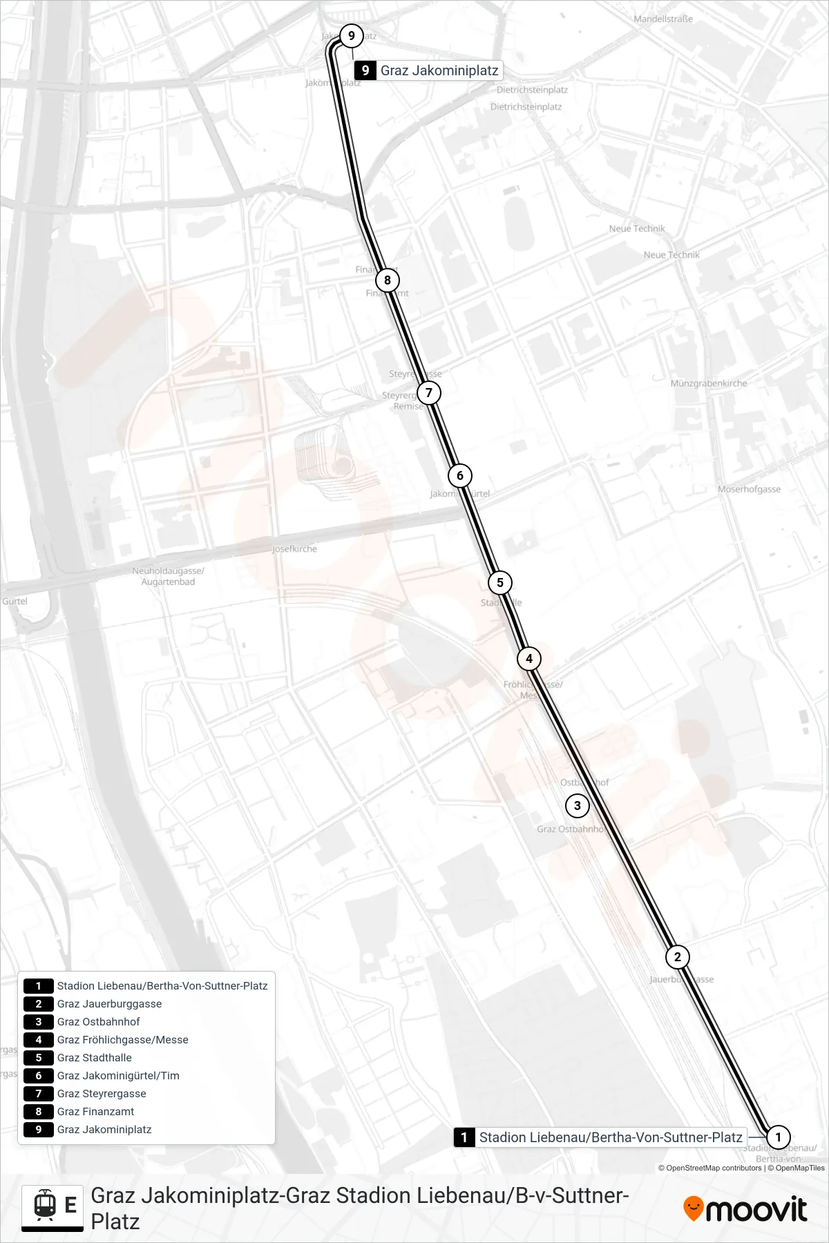 Linie E (Straßenbahn) Richtung Jakominiplatz: Route und Haltestellen auf der Karte