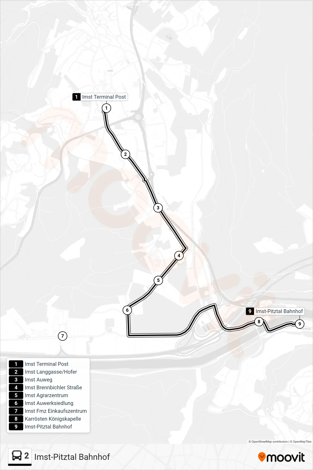 2 tram Line (Imst-Pitztal Bahnhof) route and stops on a map