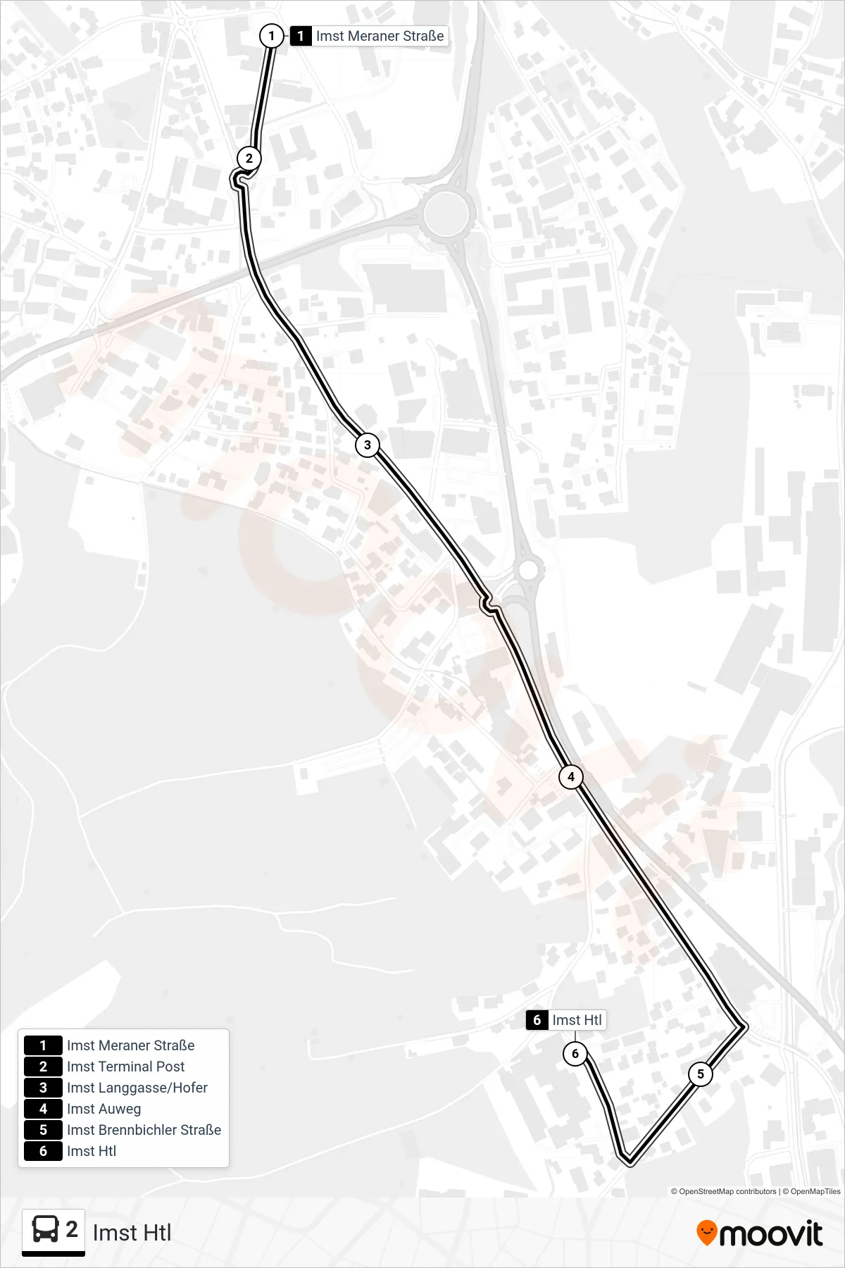 Linie 2 (Tram) Richtung Imst Htl: Route und Haltestellen auf der Karte