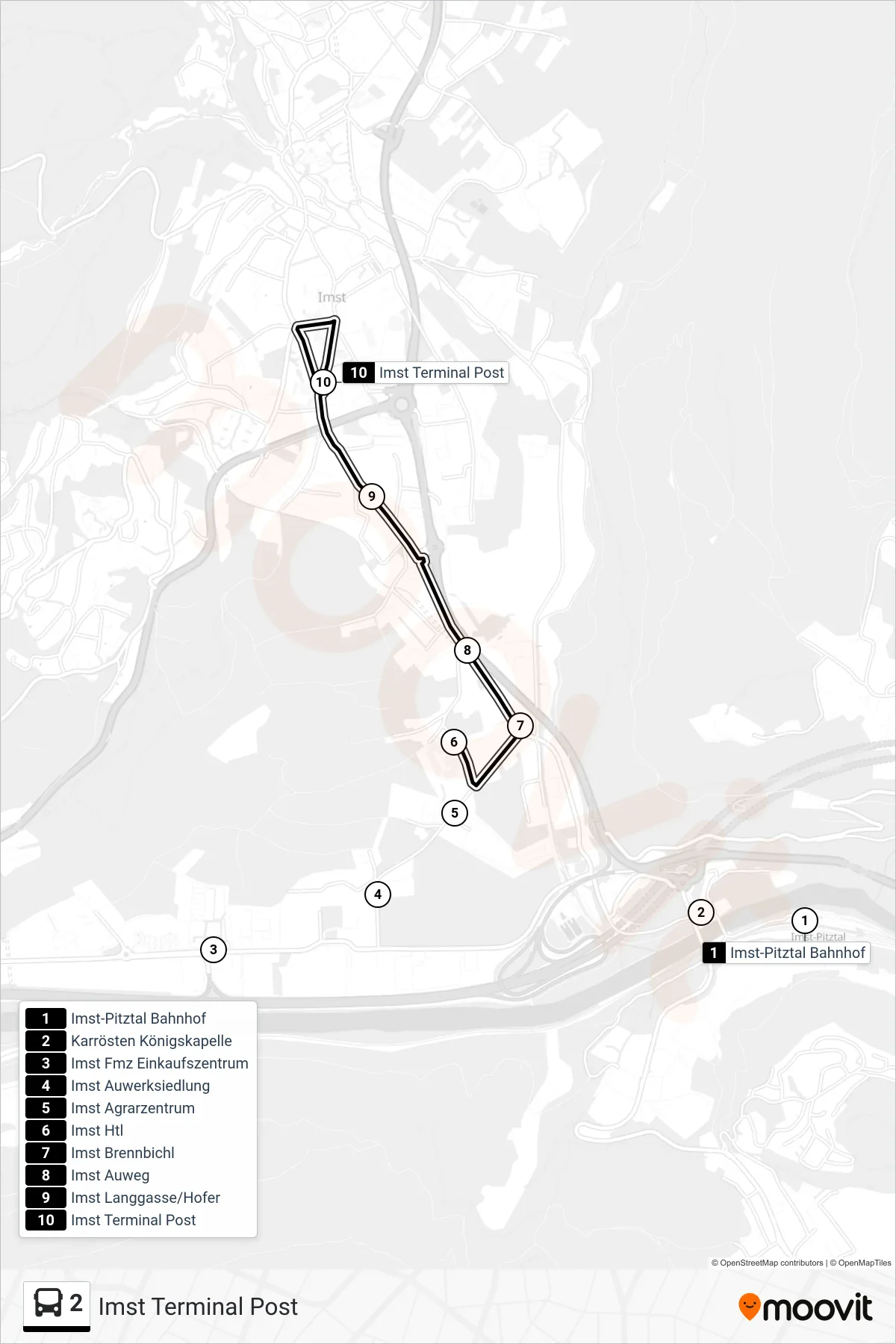 2 tram Line (Imst Terminal Post) route and stops on a map