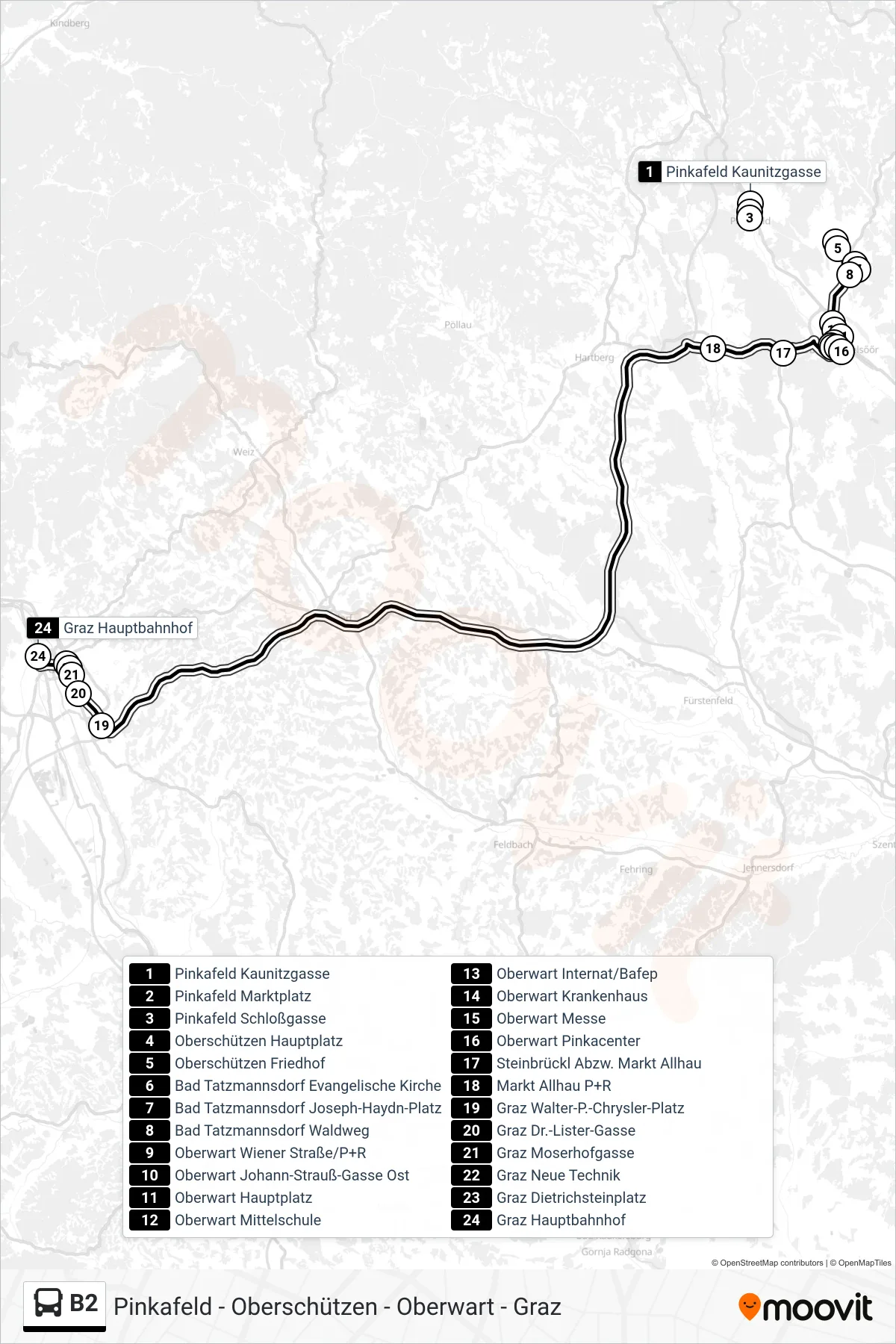 B2 bus Line (Graz Hauptbahnhof) route and stops on a map