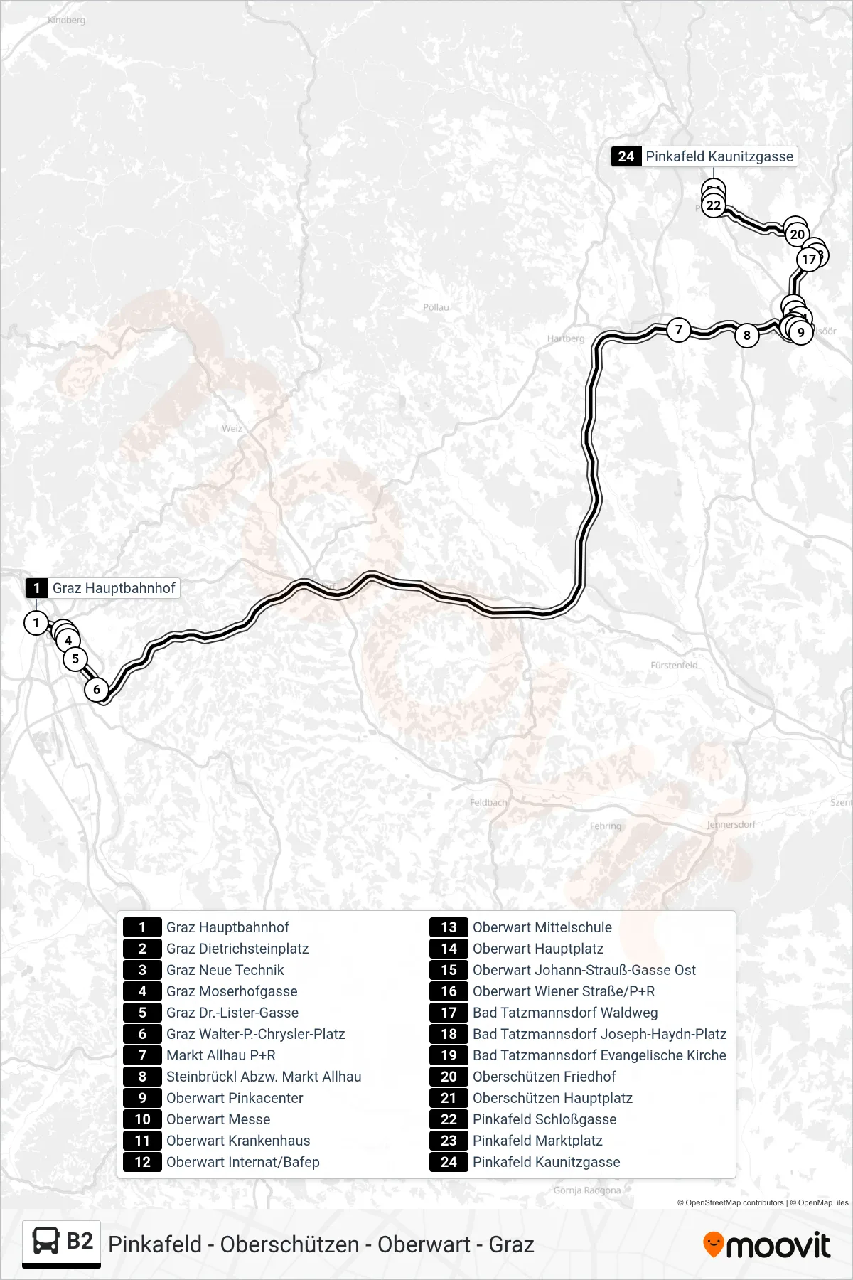 Linie B2 (Bus) Richtung Pinkafeld Kaunitzgasse: Route und Haltestellen auf der Karte