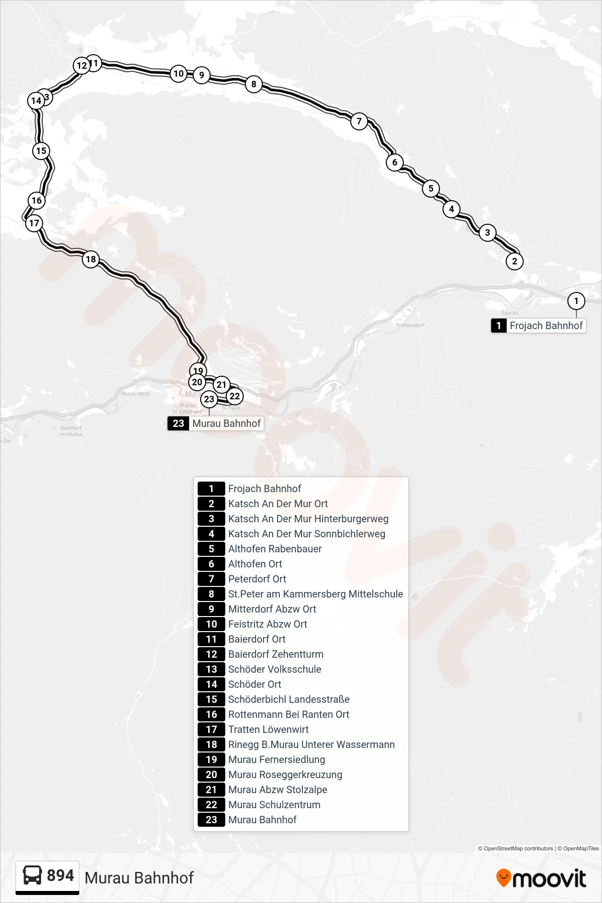Linie 894 (Bus) Richtung Murau Bahnhof: Route und Haltestellen auf der Karte