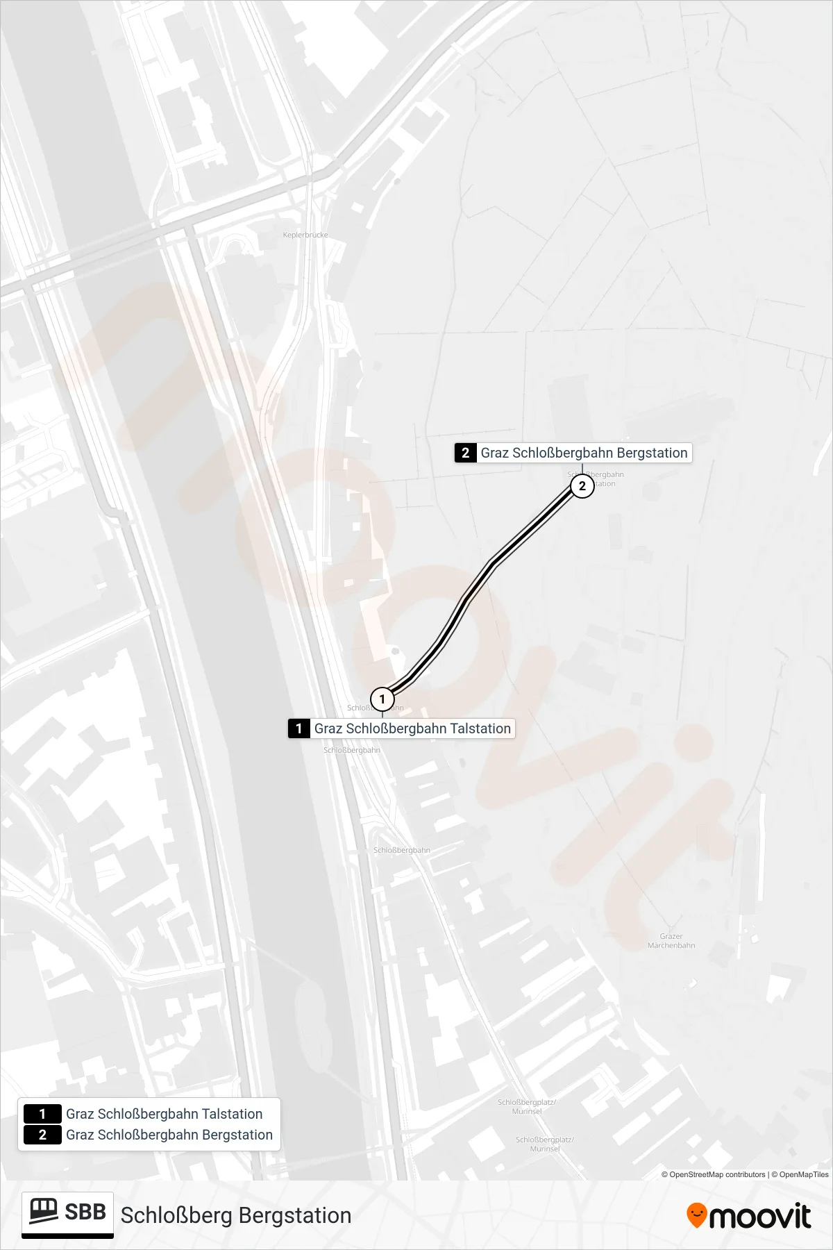 Linie SBB (Seilbahn) Richtung Schloßberg Bergstation: Route und Haltestellen auf der Karte