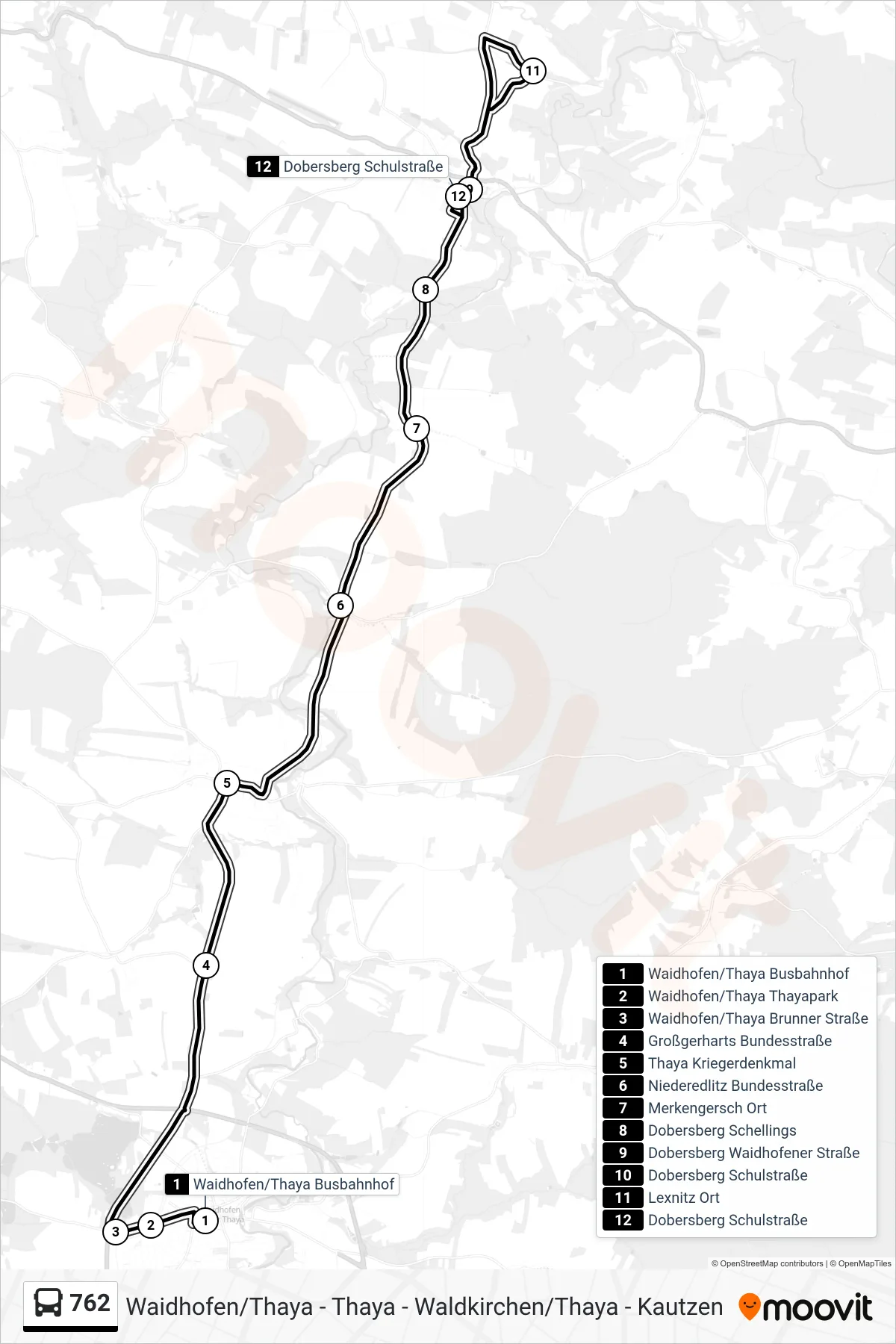 762 bus Line (Dobersberg Schulstraße) route and stops on a map