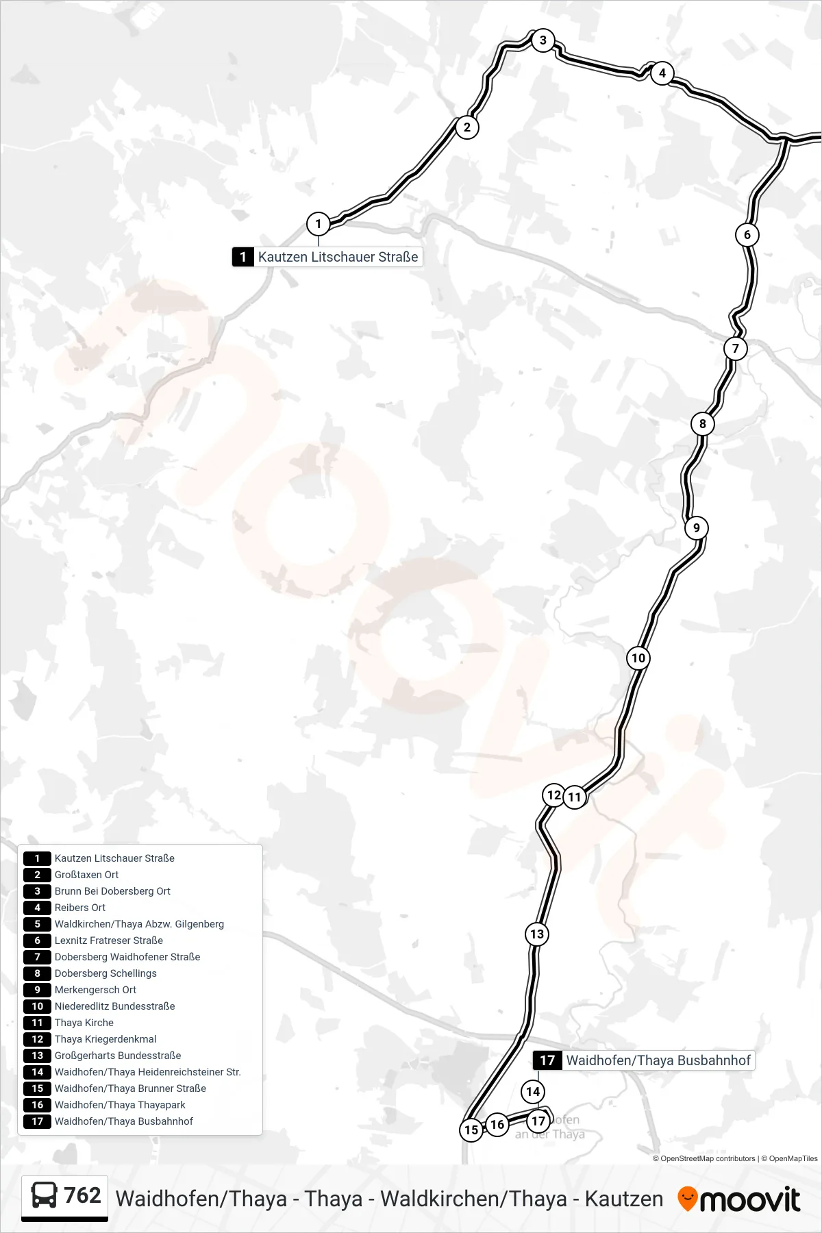 Linie 762 (Bus) Richtung Waidhofen/Thaya Busbahnhof: Route und Haltestellen auf der Karte
