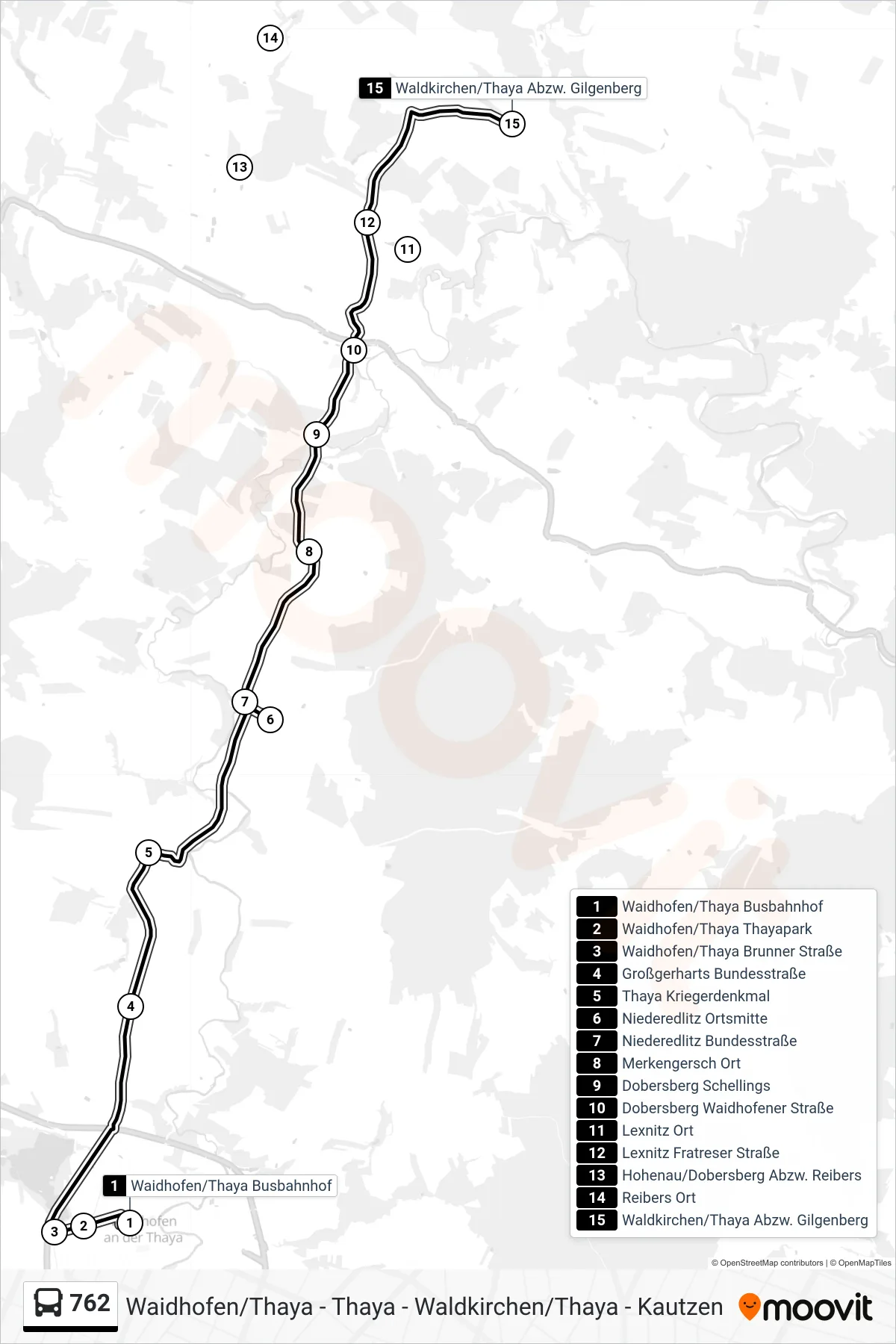 Linie 762 (Bus) Richtung Waldkirchen/Thaya Abzw. Gilgenberg: Route und Haltestellen auf der Karte