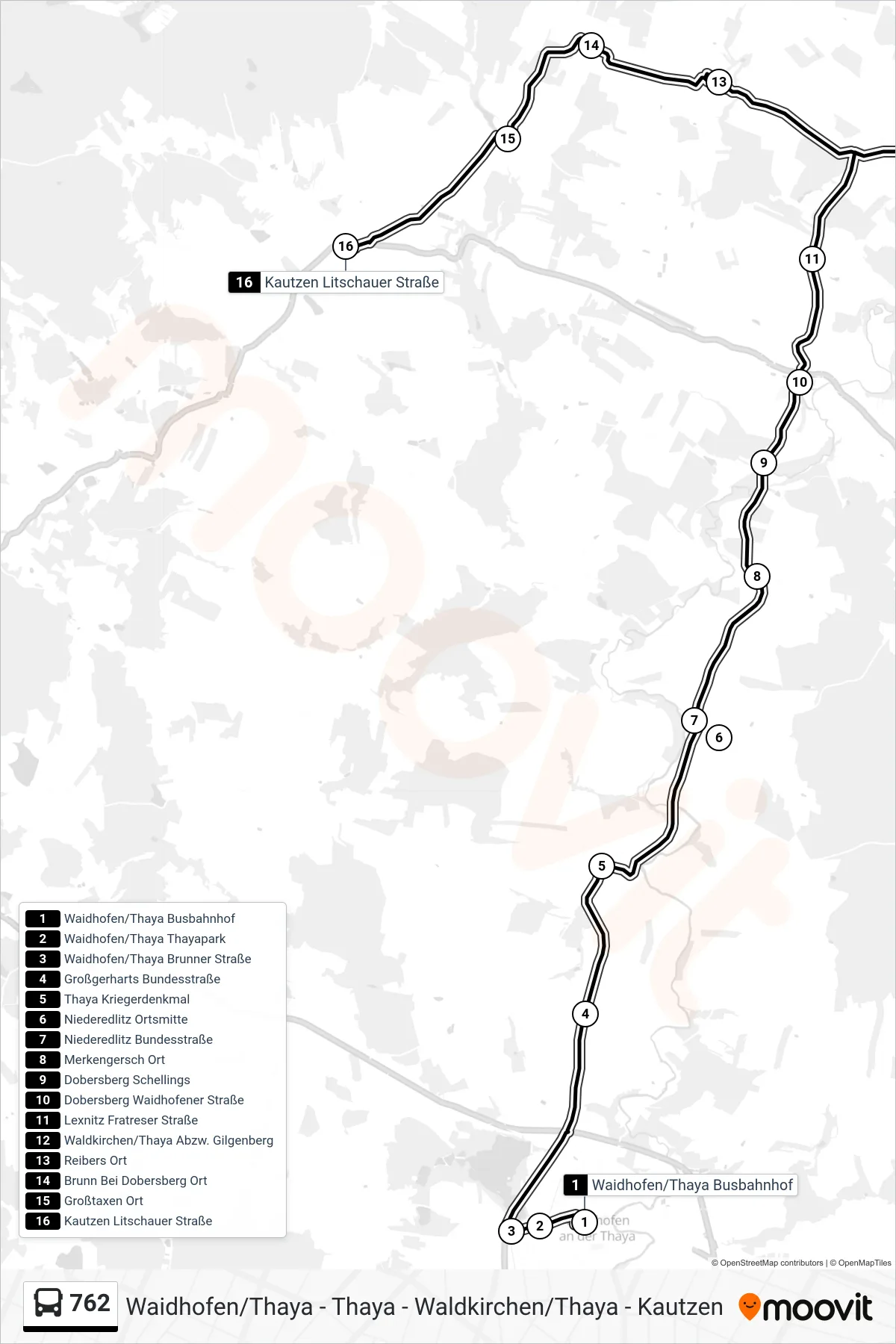 762 bus Line (Kautzen Litschauer Straße) route and stops on a map