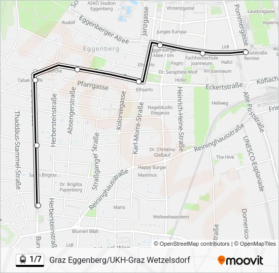 Straßenbahnlinie 1/7 Karte