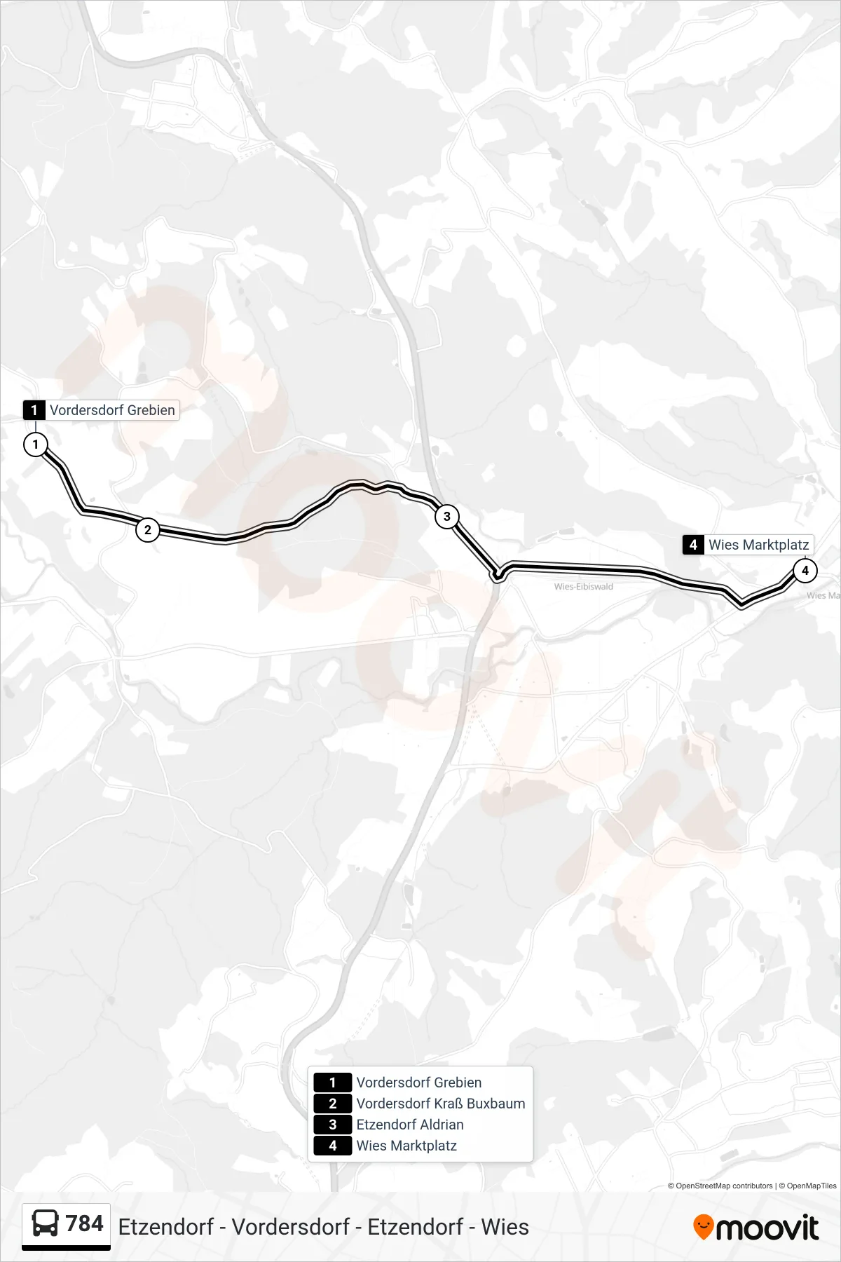 784 bus Line (Wies Marktplatz) route and stops on a map