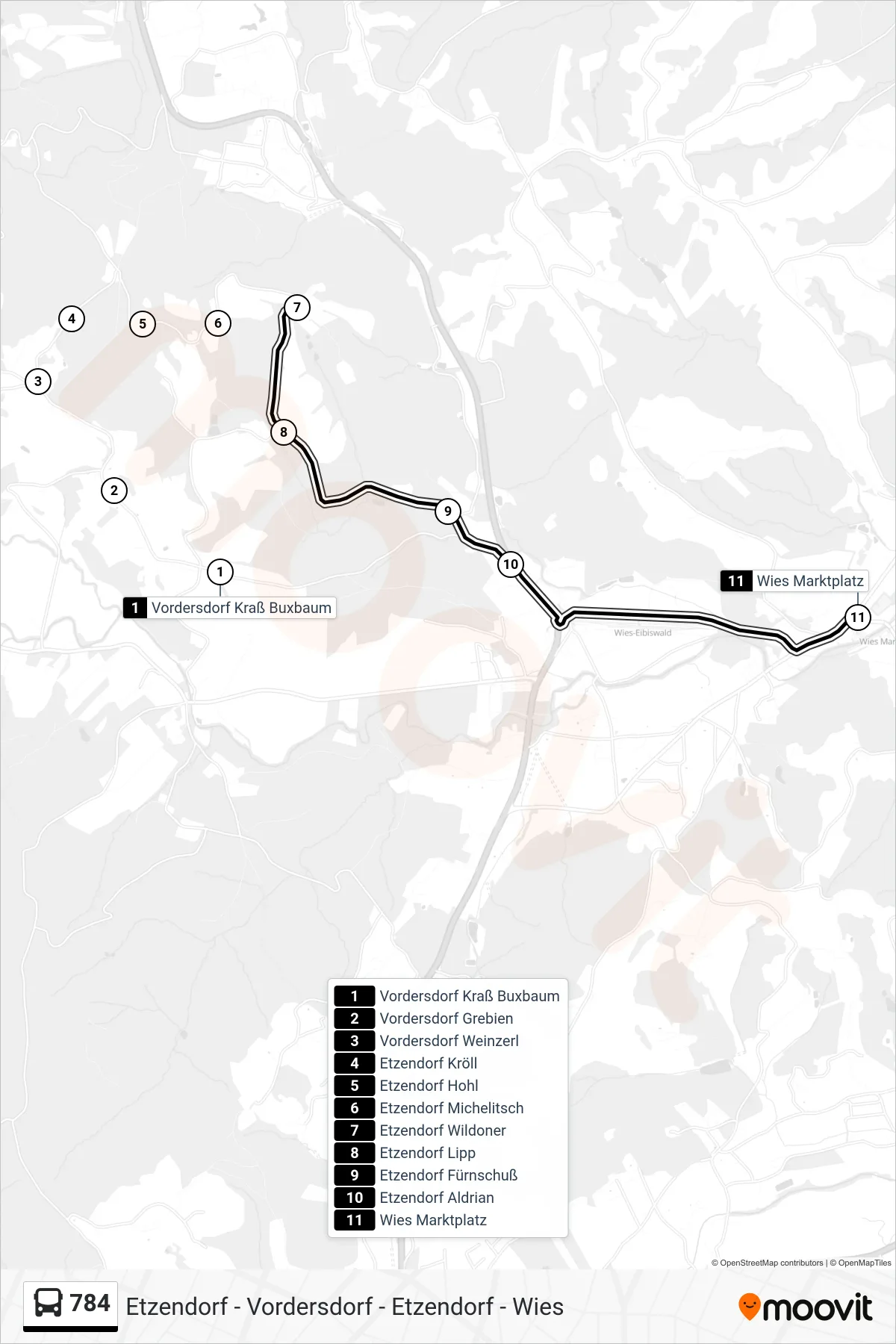 Linie 784 (Bus) Richtung Wies Marktplatz: Route und Haltestellen auf der Karte