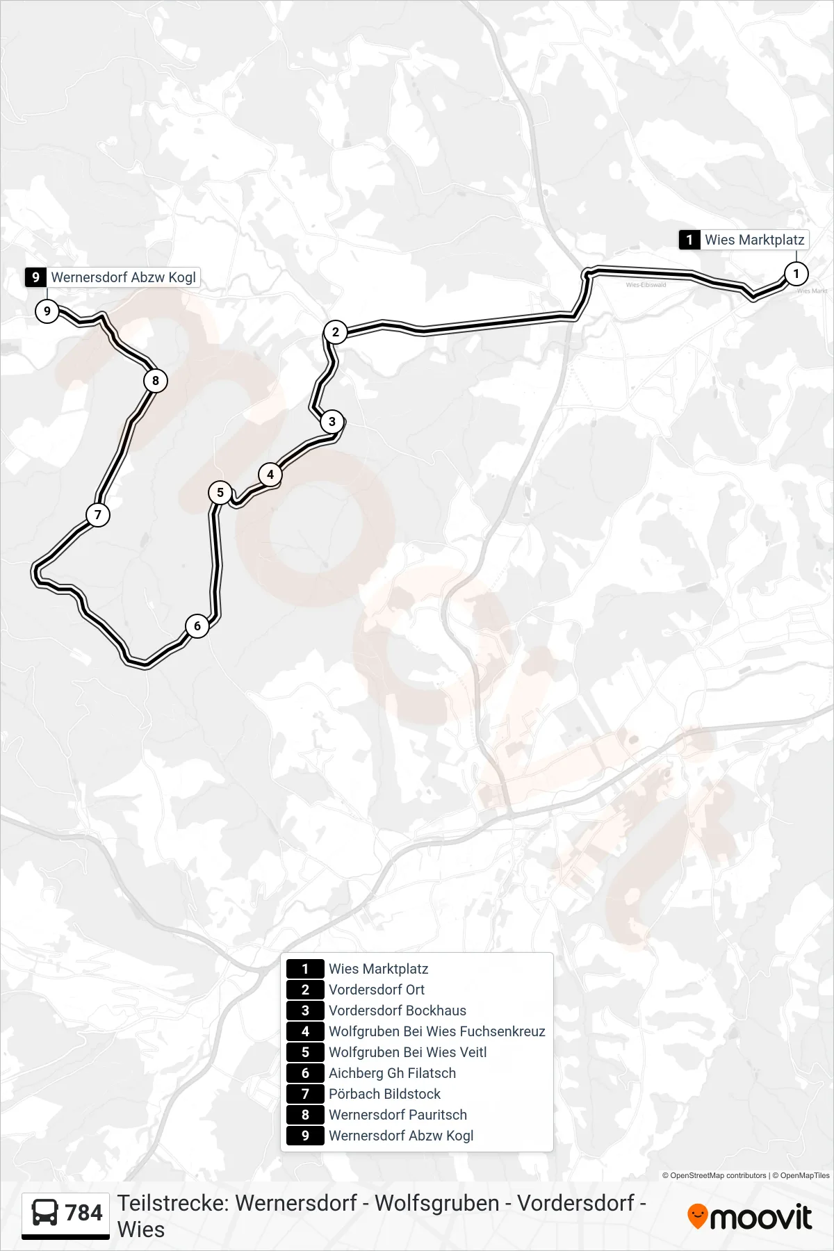 Linie 784 (Bus) Richtung Wernersdorf Abzw Kogl: Route und Haltestellen auf der Karte