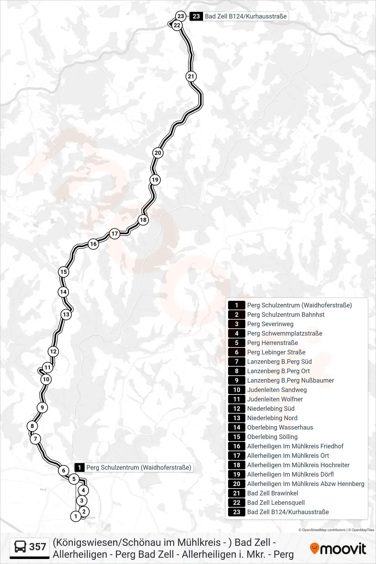357 bus Line (Bad Zell B124/Kurhausstraße) route and stops on a map