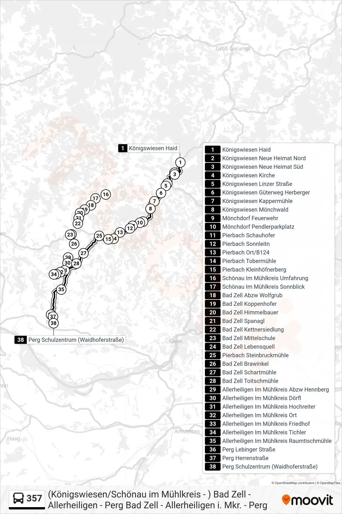 357 bus Line (Perg Schulzentrum (Waidhoferstraße)) route and stops on a map