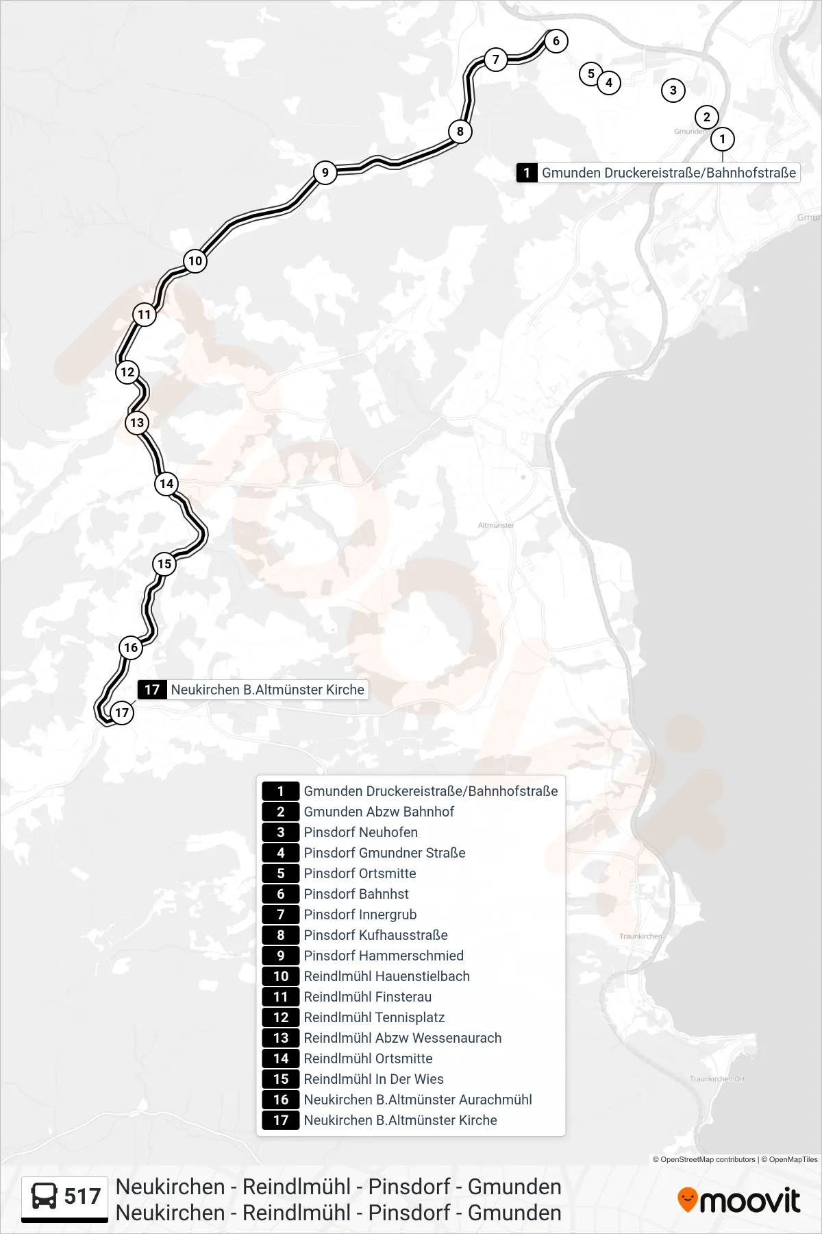 517 bus Line (Neukirchen B.Altmünster Kirche) route and stops on a map