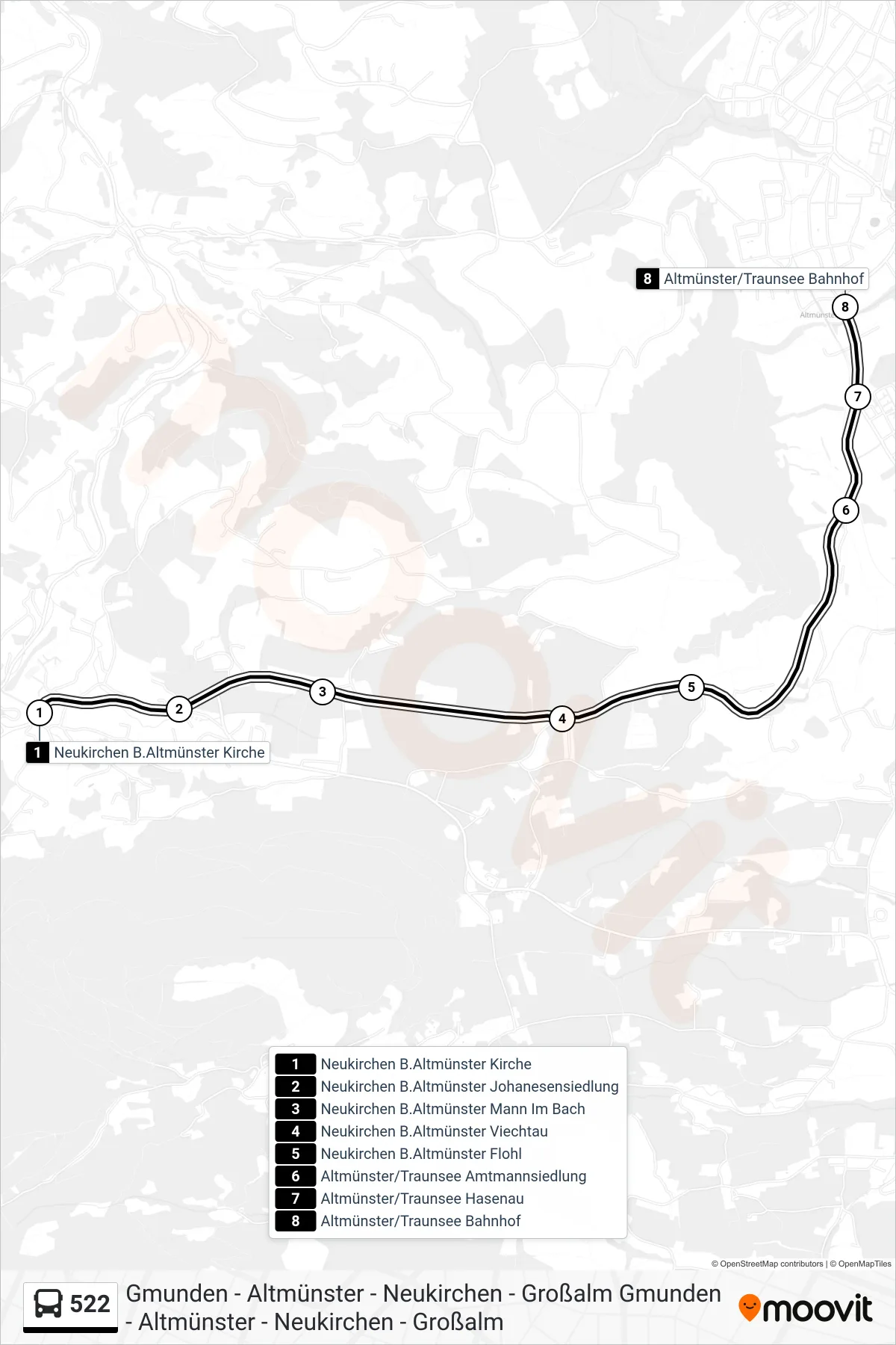Linie 522 (Bus) Richtung Altmünster/Traunsee Bahnhof: Route und Haltestellen auf der Karte