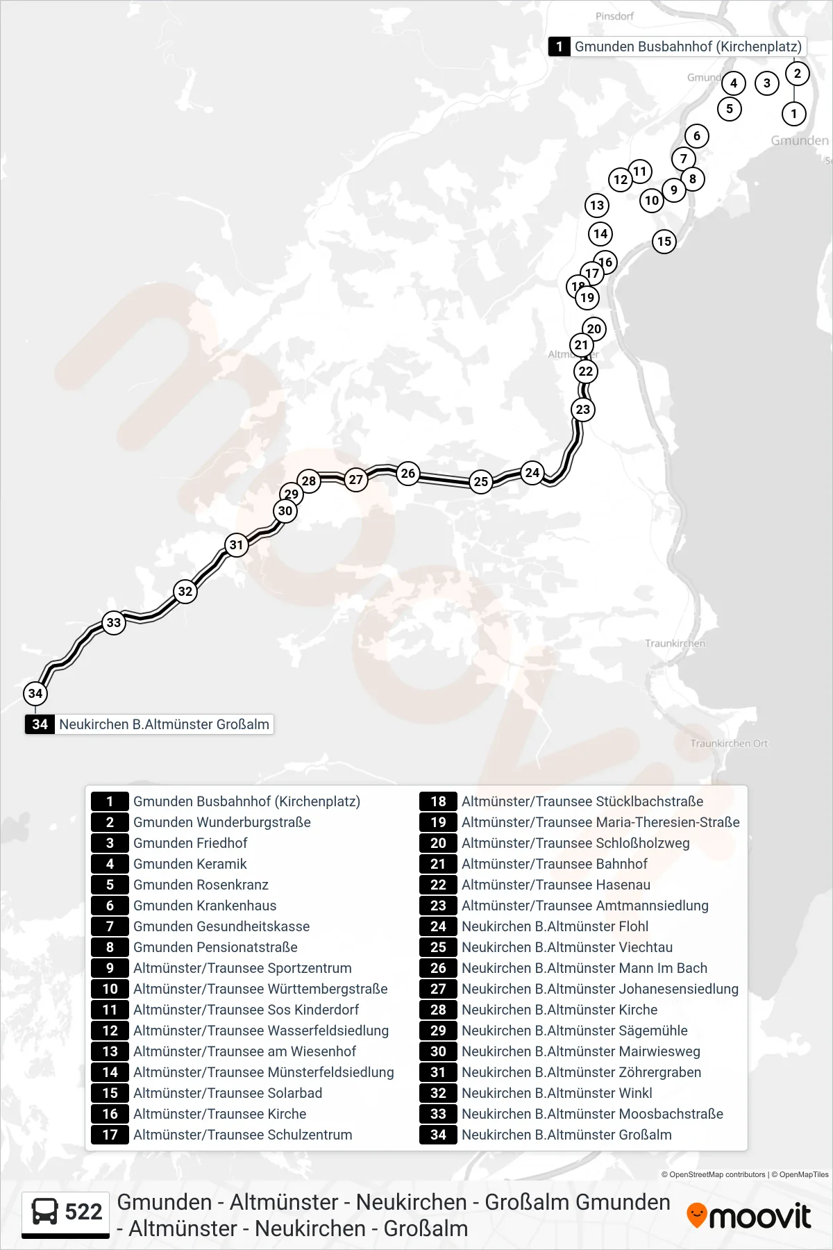 522 bus Line (Neukirchen B.Altmünster Großalm) route and stops on a map