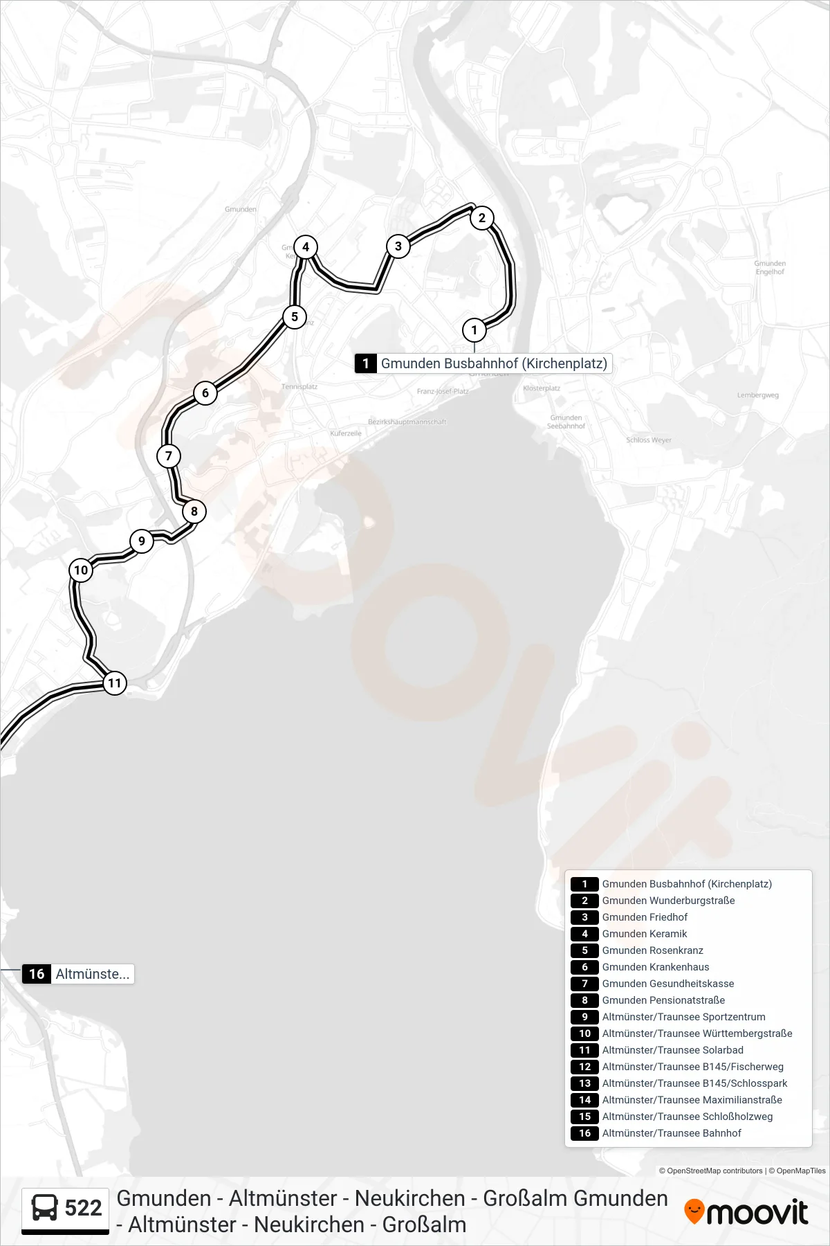 522 bus Line (Altmünster/Traunsee Bahnhof) route and stops on a map