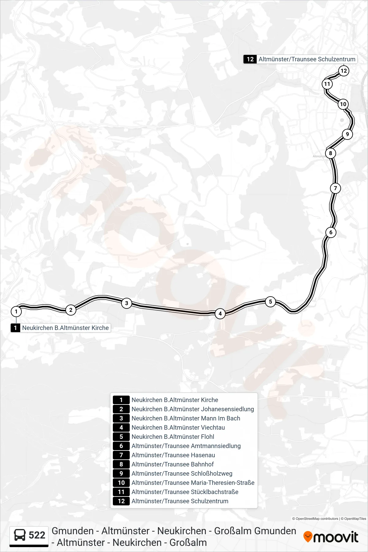 Linie 522 (Bus) Richtung Altmünster/Traunsee Schulzentrum: Route und Haltestellen auf der Karte