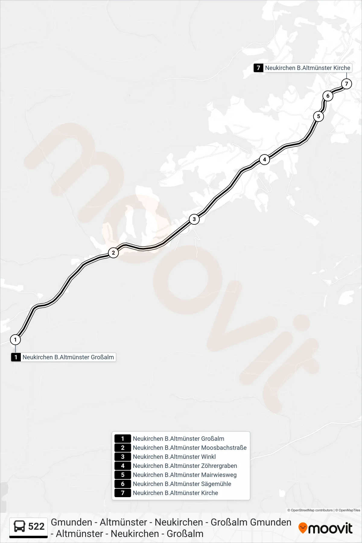 Linie 522 (Bus) Richtung Neukirchen B.Altmünster Kirche: Route und Haltestellen auf der Karte