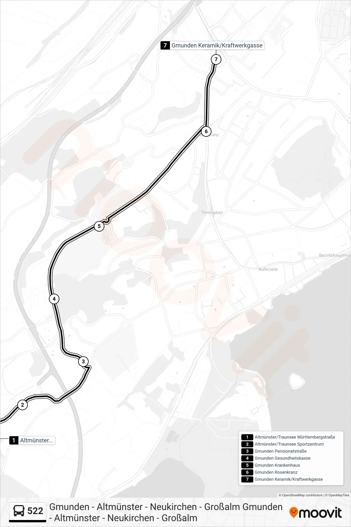 522 bus Line (Gmunden Keramik/Kraftwerkgasse) route and stops on a map