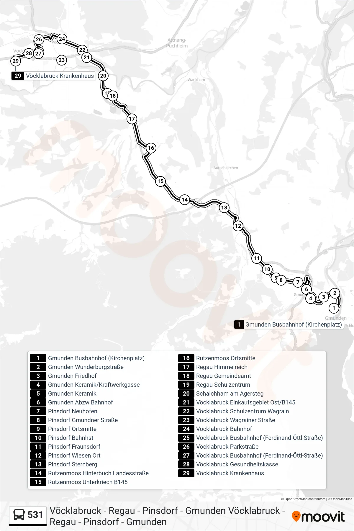 531 bus Line (Vöcklabruck Krankenhaus) route and stops on a map