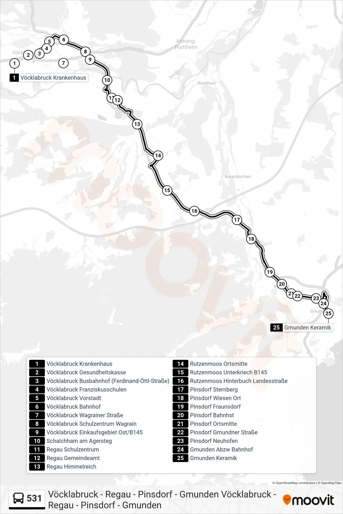 531 bus Line (Gmunden Keramik) route and stops on a map