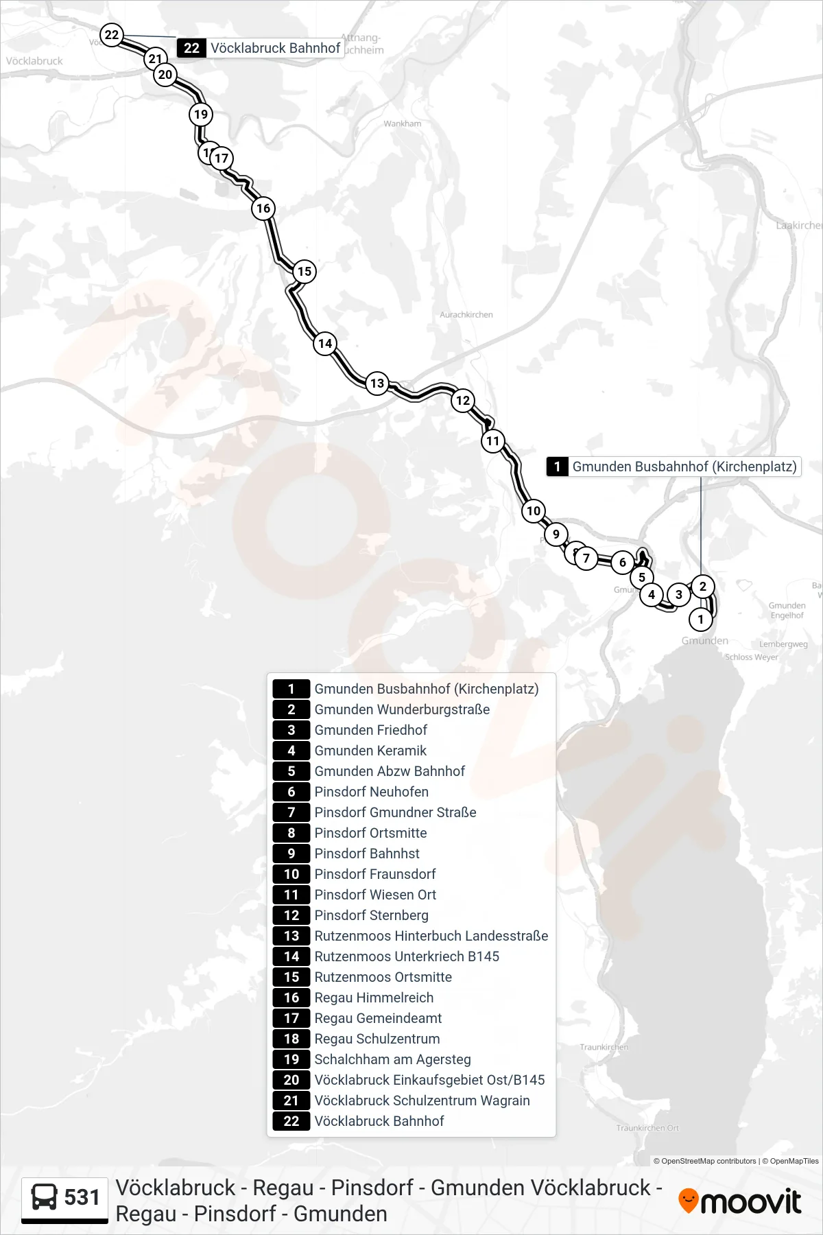 531 bus Line (Vöcklabruck Bahnhof) route and stops on a map