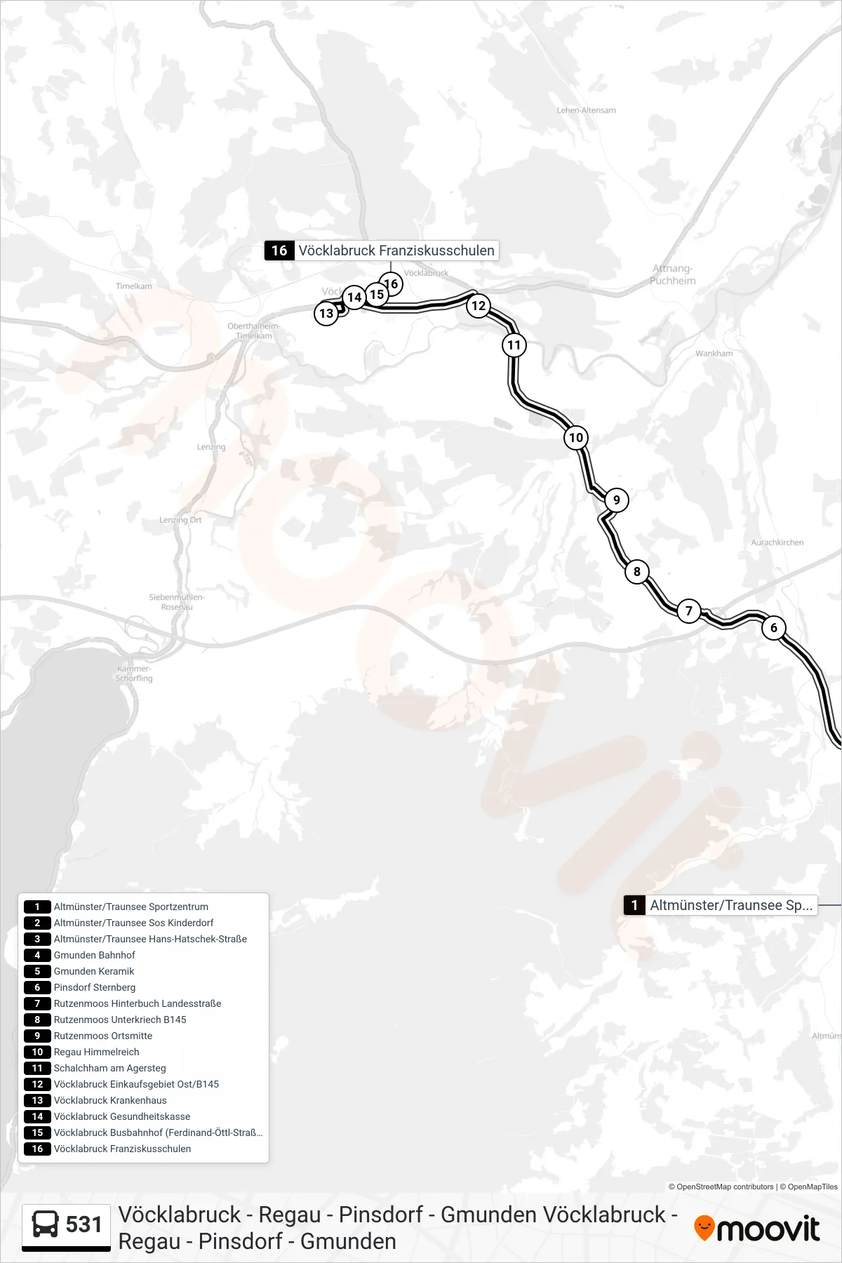 531 bus Line (Vöcklabruck Franziskusschulen) route and stops on a map