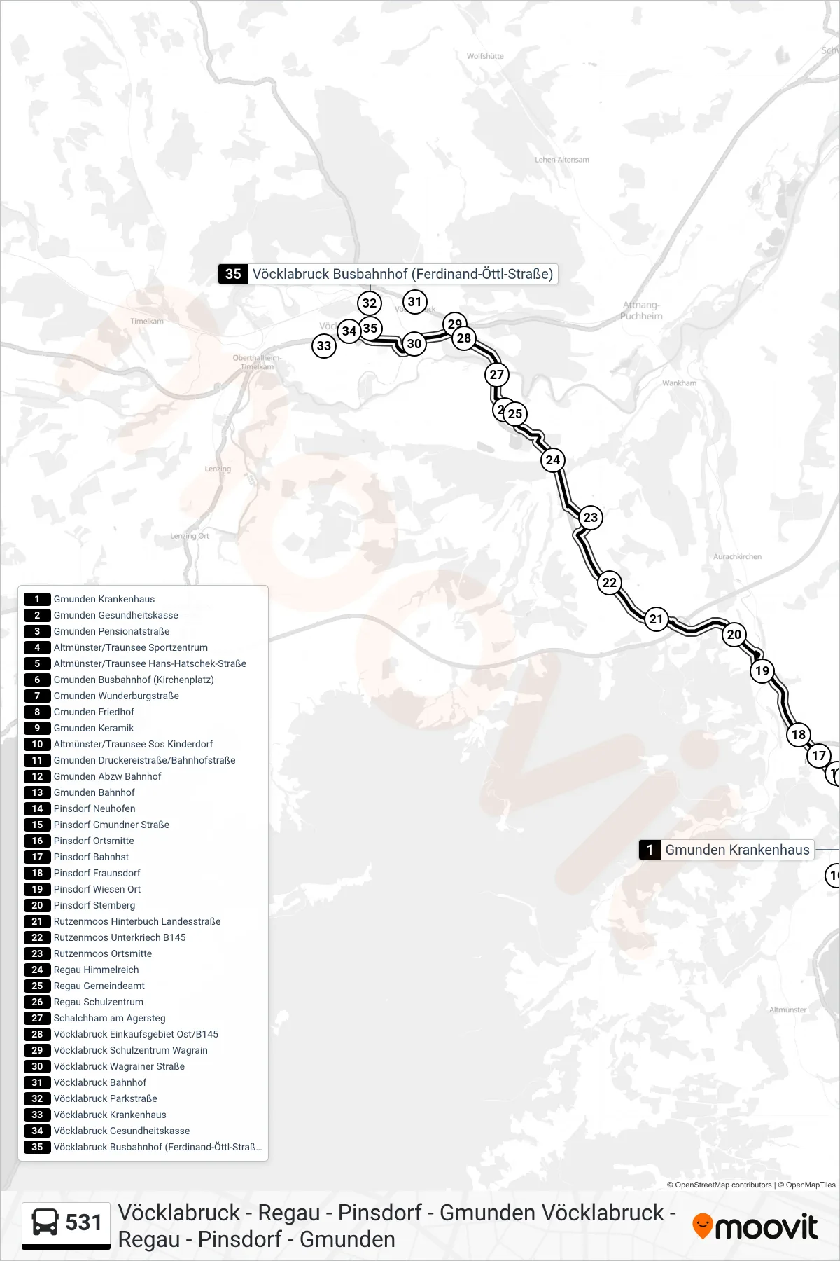 531 bus Line (Vöcklabruck Busbahnhof (Ferdinand-Öttl-Straße)) route and stops on a map