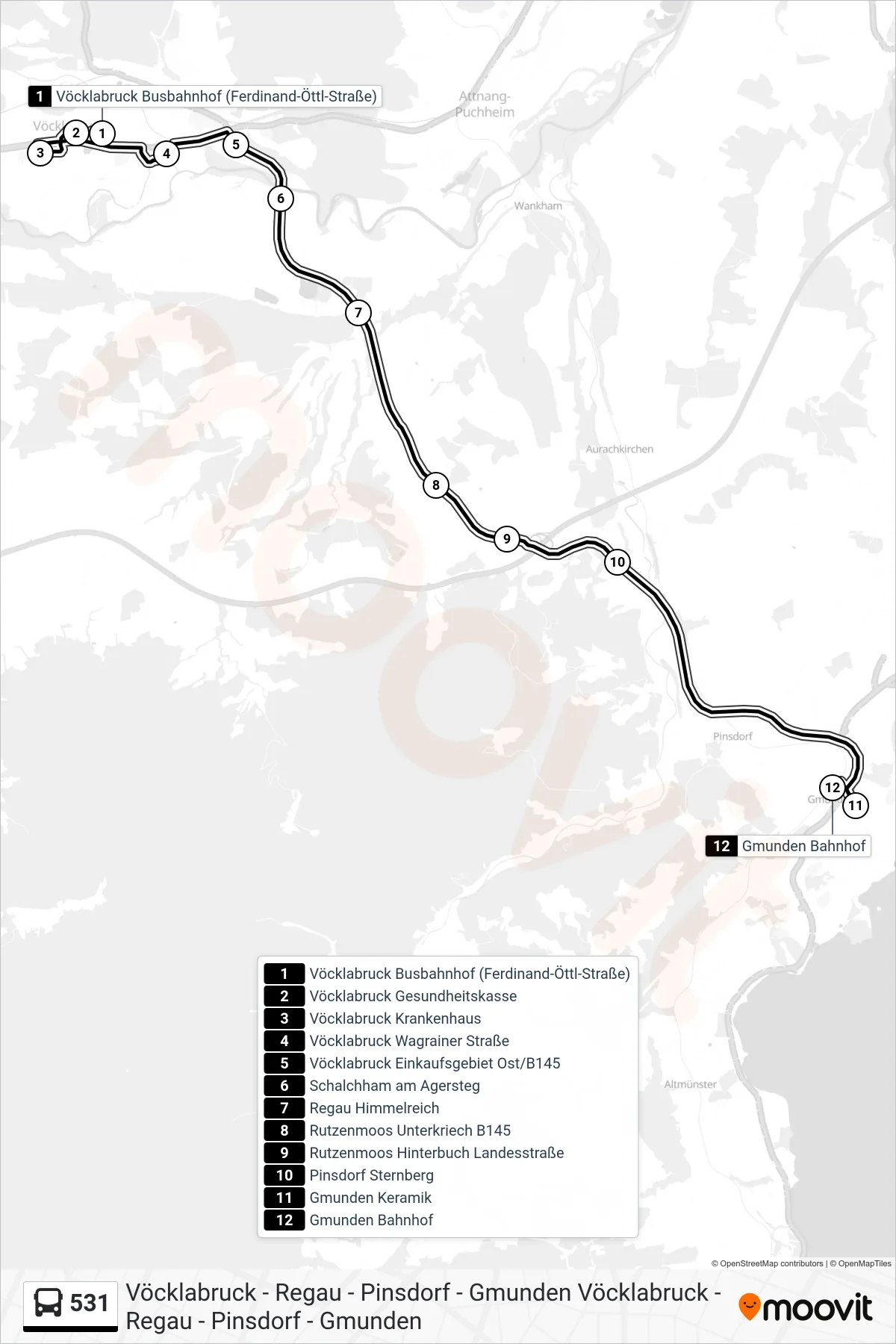 Linie 531 (Bus) Richtung Gmunden Bahnhof: Route und Haltestellen auf der Karte