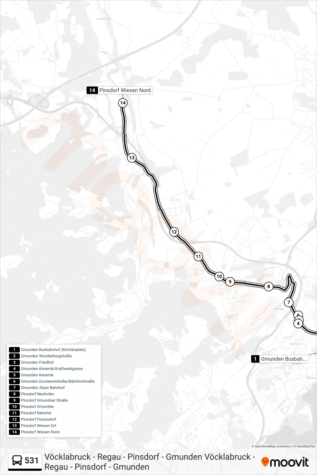 Linie 531 (Bus) Richtung Pinsdorf Wiesen Nord: Route und Haltestellen auf der Karte