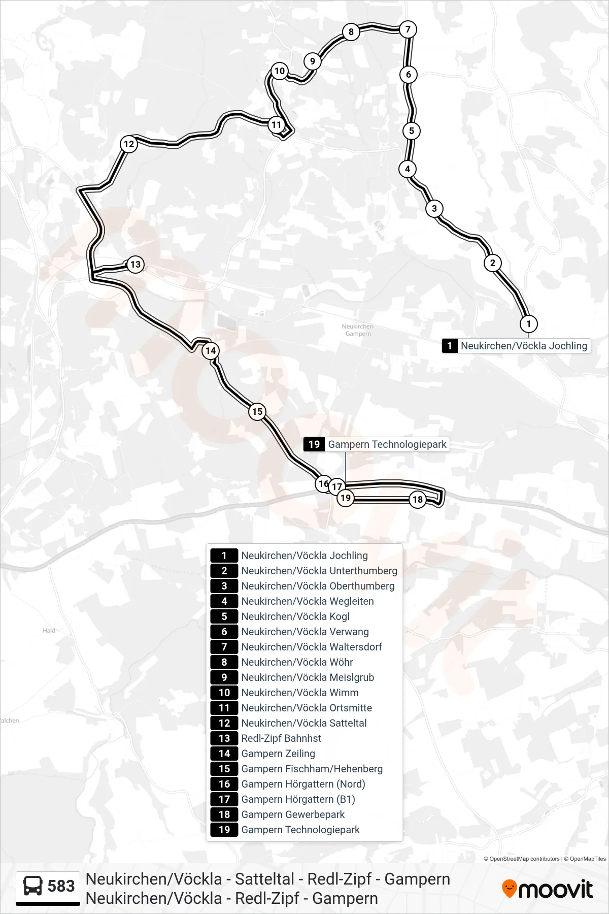 583 bus Line (Gampern Technologiepark) route and stops on a map