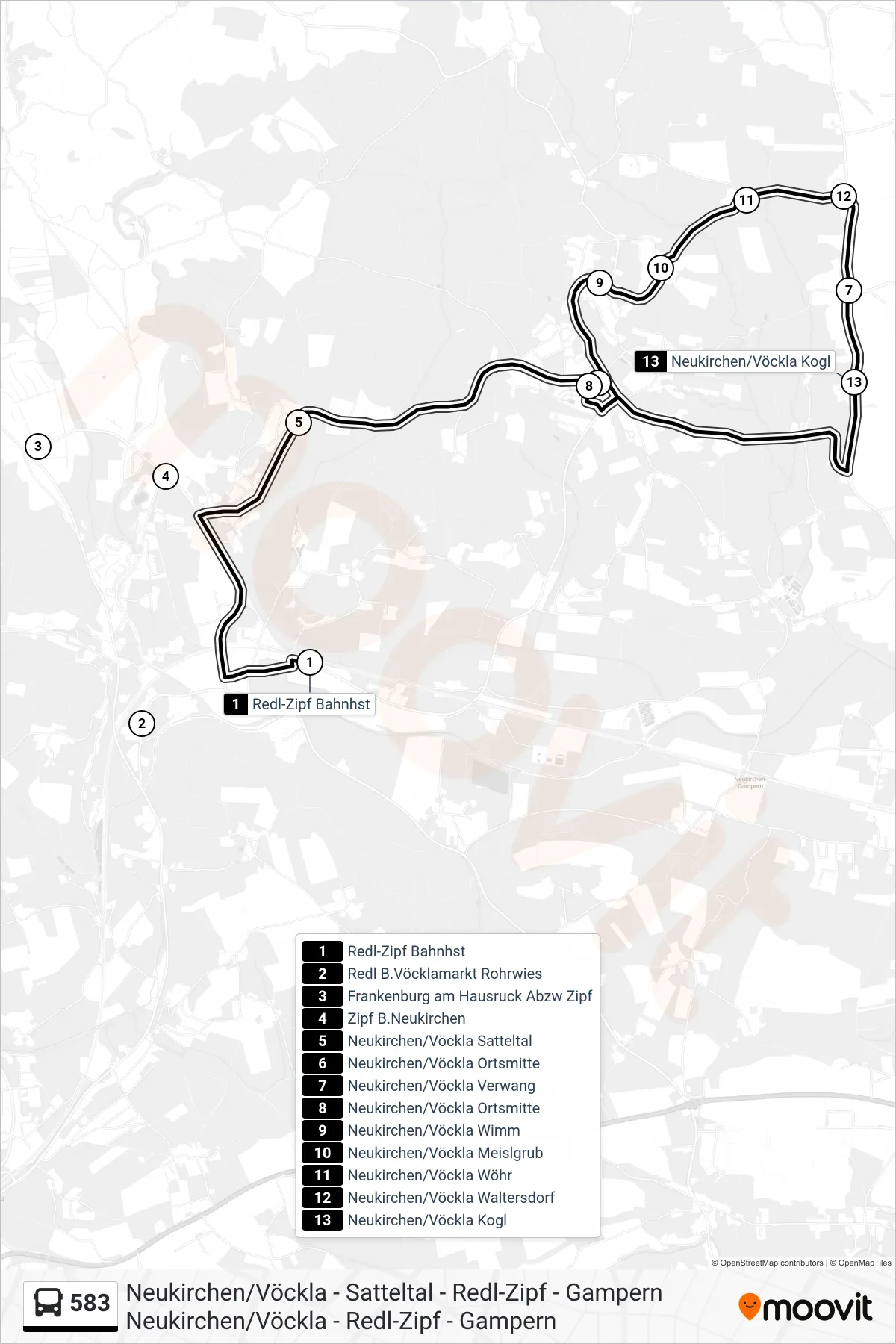 Linie 583 (Bus) Richtung Neukirchen/Vöckla Ortsmitte: Route und Haltestellen auf der Karte