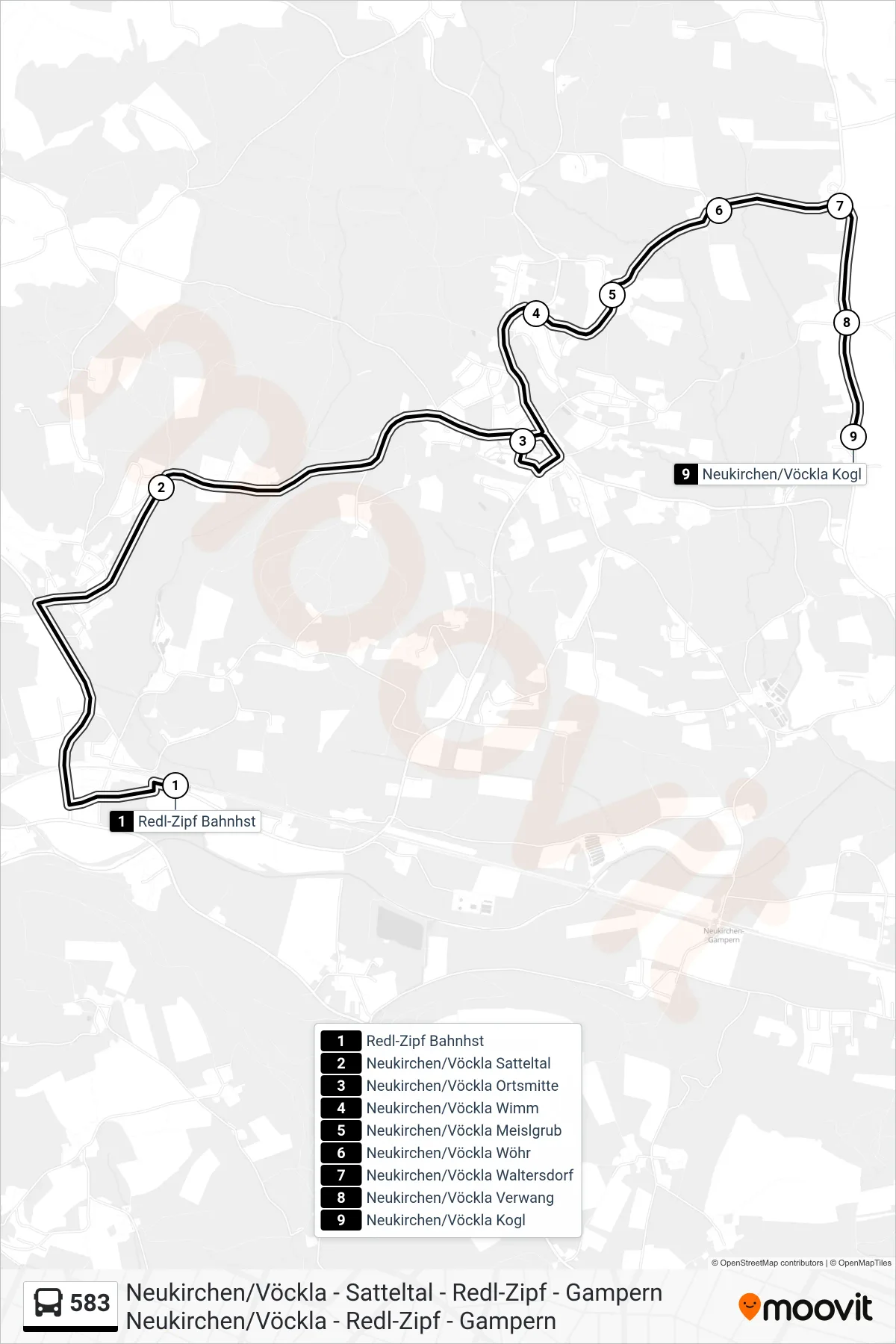 Linie 583 (Bus) Richtung Neukirchen/Vöckla Kogl: Route und Haltestellen auf der Karte