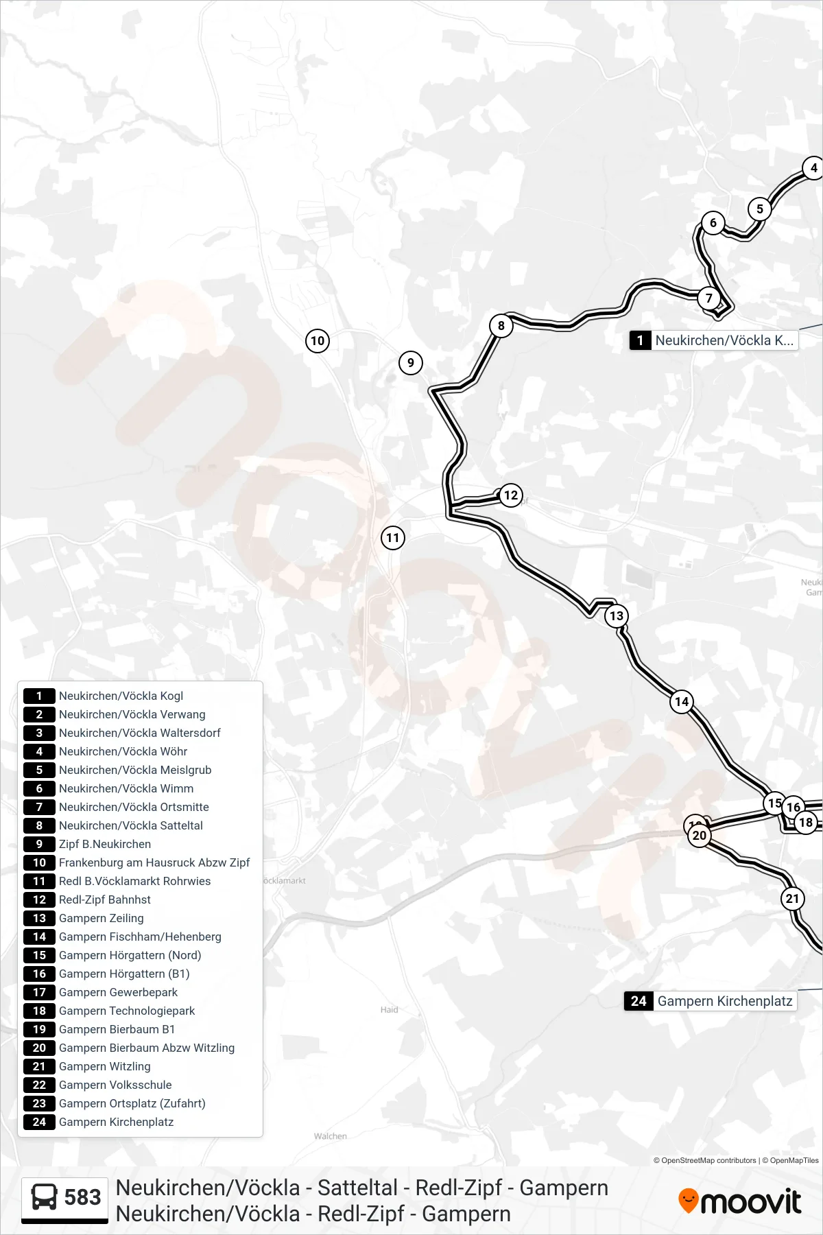 583 bus Line (Gampern Kirchenplatz) route and stops on a map