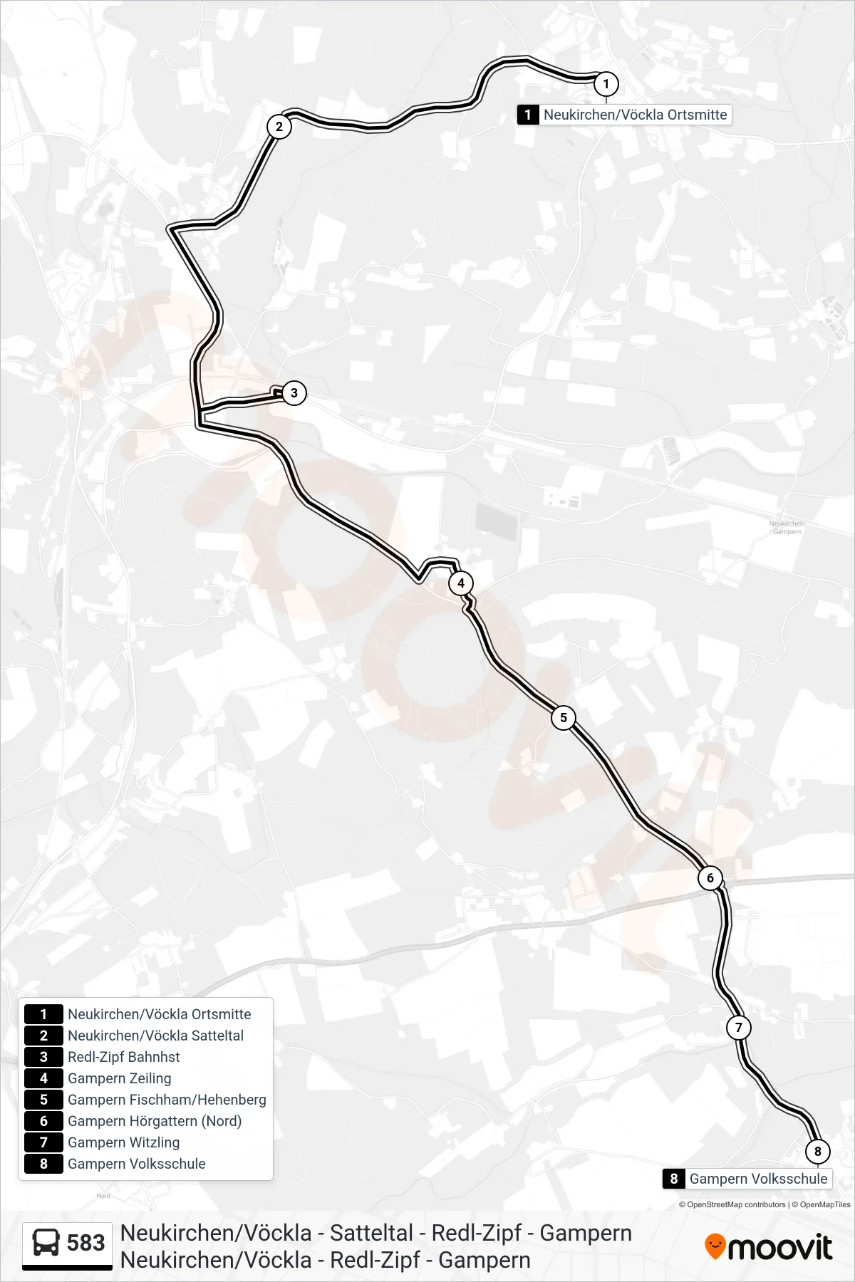 583 bus Line (Gampern Volksschule) route and stops on a map